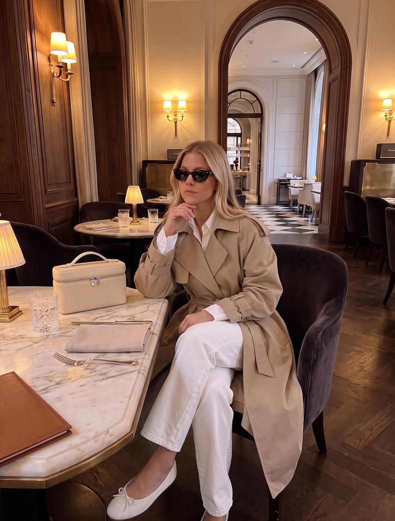 Woman modeling a casual fall quiet luxury monochromatic outfit consisting of a cream collared knit sweater, white jeans and beige ballet flats.