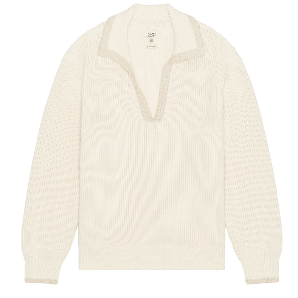 SRG atelier cream ribbed knit sweater featuring a relaxed V-neck polo collar and subtle contrast trim.
