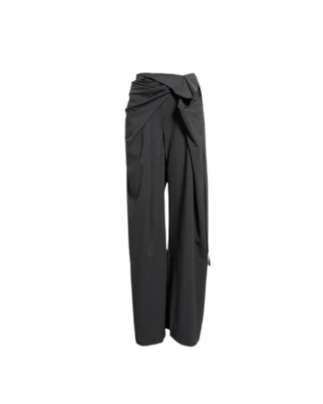 Heirlome Manuela wool trousers in charcoal grey featuring an asymmetrical draped waist.