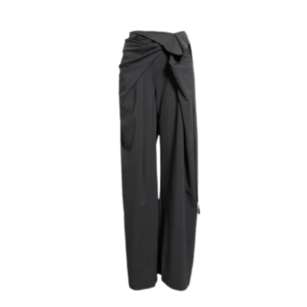 Heirlome Manuela wool trousers in charcoal grey featuring an asymmetrical draped waist.