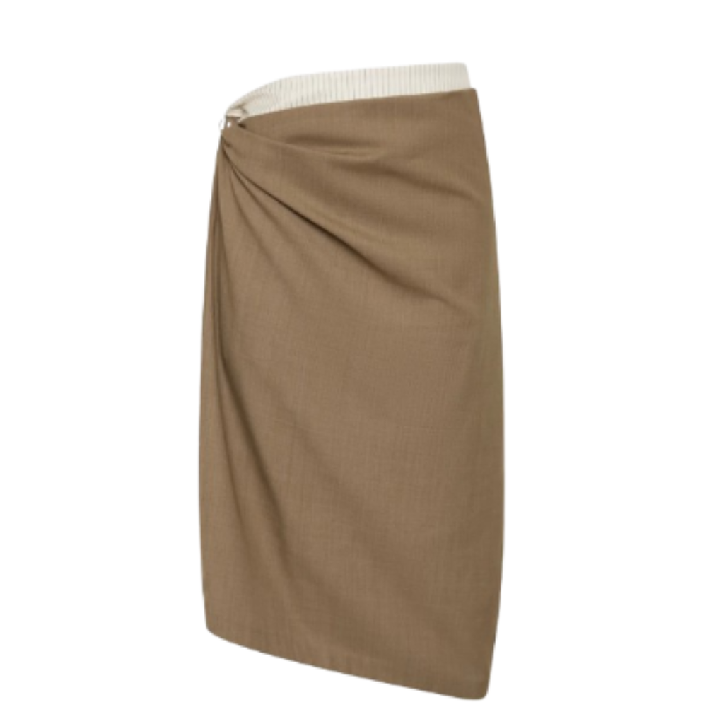 SIR khaki draped asymmetrical midi skirt featuring a contrast foldover waistband and an architectural silhouette.