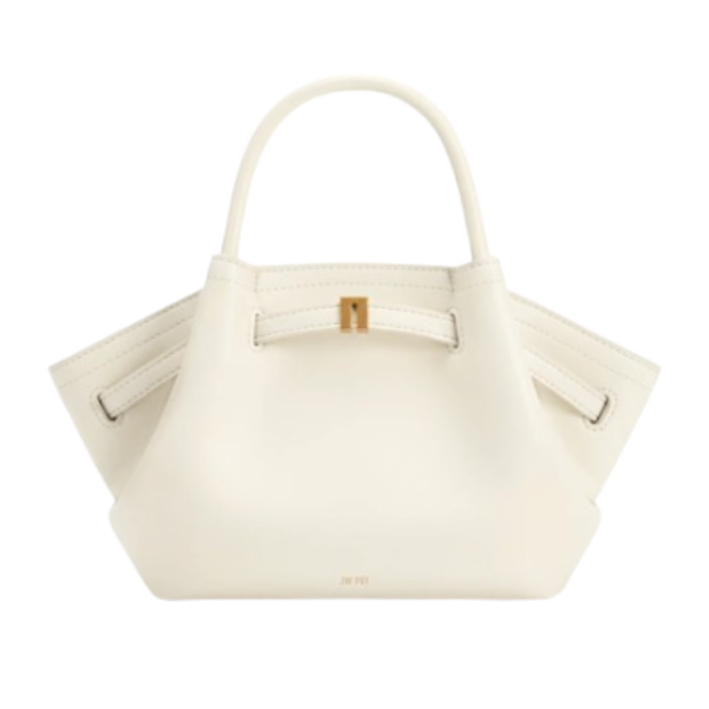 JW PEI Hana Mini Tote Bag in off-white vegan leather featuring a structured winged silhouette and gold-tone hardware.