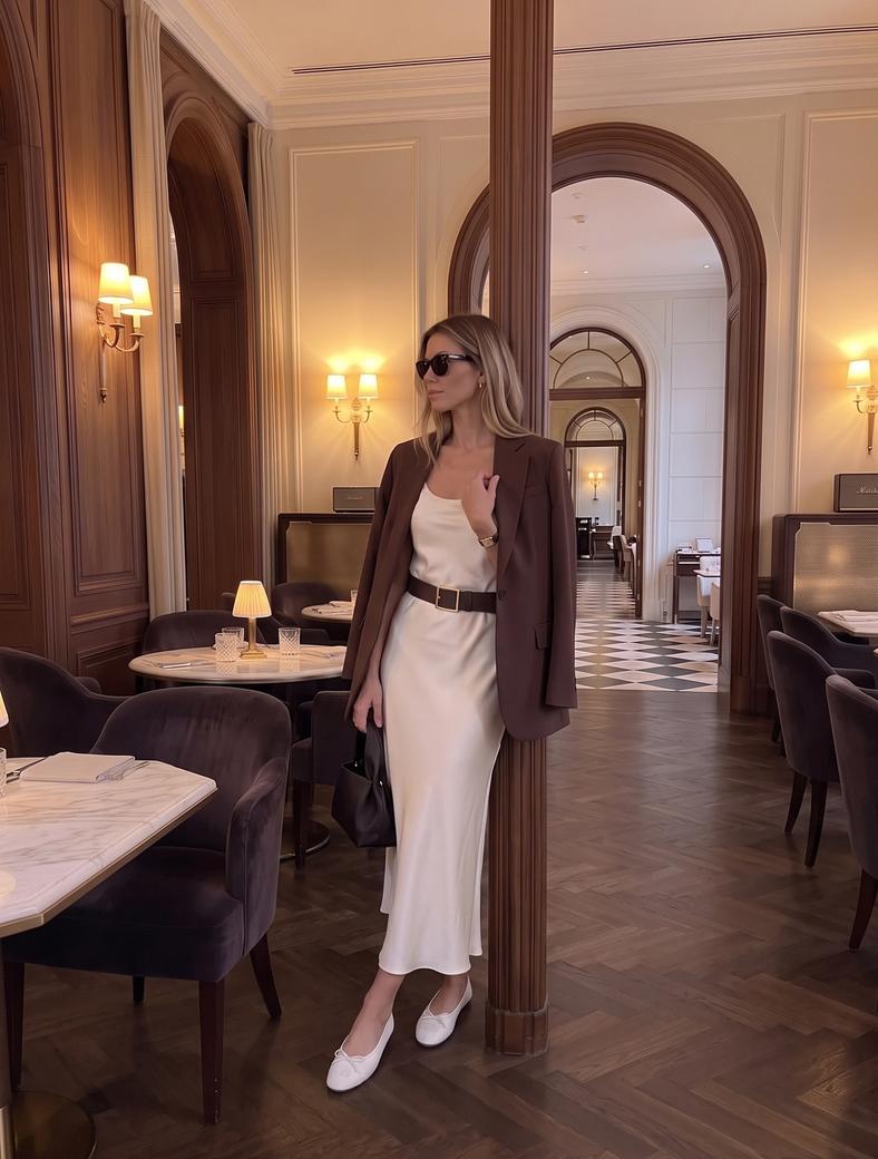 A woman in a restaurant wearing a cream slip dress, brown belt, draped blazer, and ballet flats.