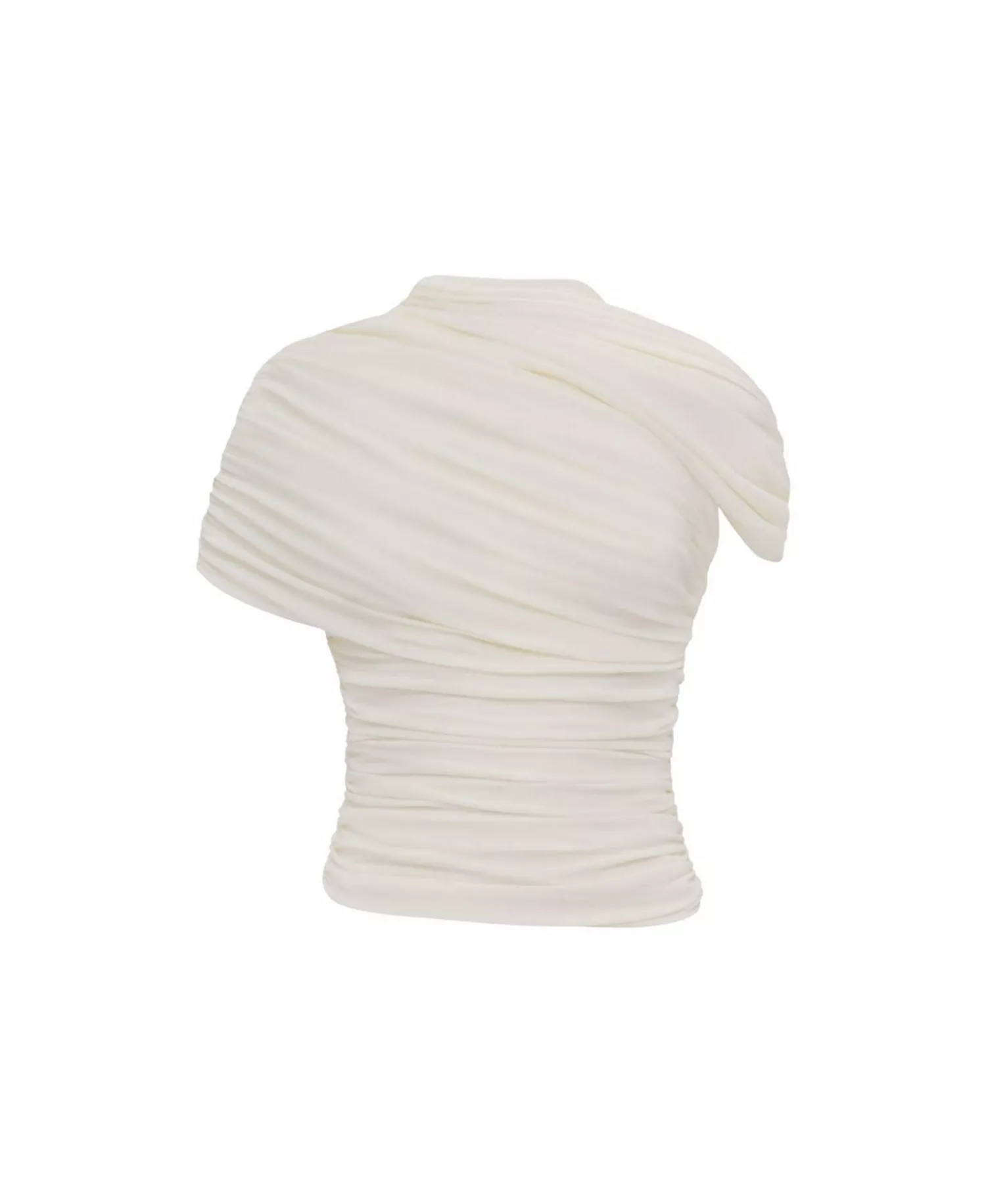 Heiress Beverly Hills ivory asymmetrical draped top featuring ruched detailing and a high neckline.