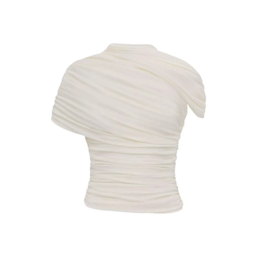 Heiress Beverly Hills ivory asymmetrical draped top featuring ruched detailing and a high neckline.