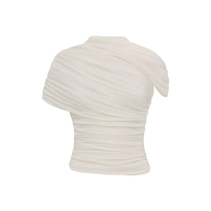 Heiress Beverly Hills ivory asymmetrical draped top featuring ruched detailing and a high neckline.