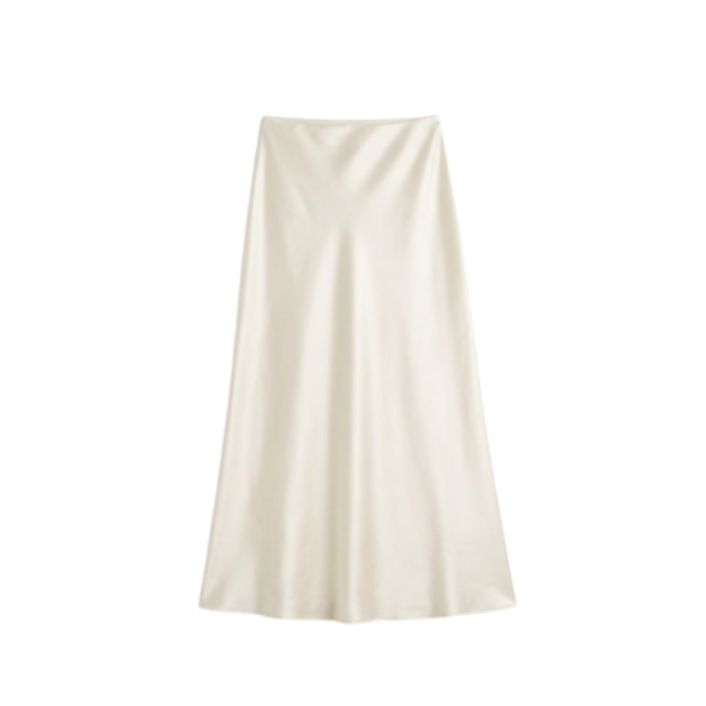 Aritzia ivory high-waisted fluid satin midi skirt.