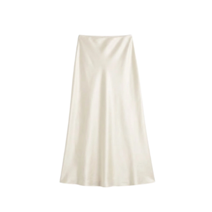 Aritzia ivory high-waisted fluid satin midi skirt.