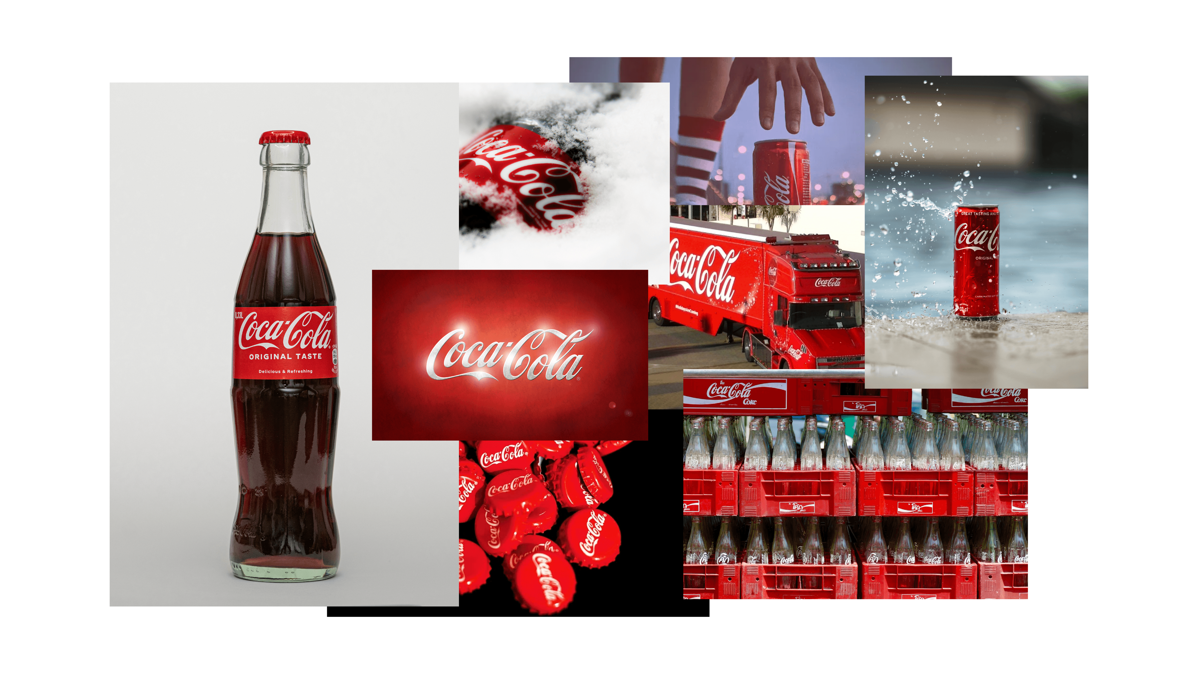 A collage of Coca-Cola branding and product imagery dominated by red, illustrating how consistent color use reinforces energy, recognition, and emotional impact.