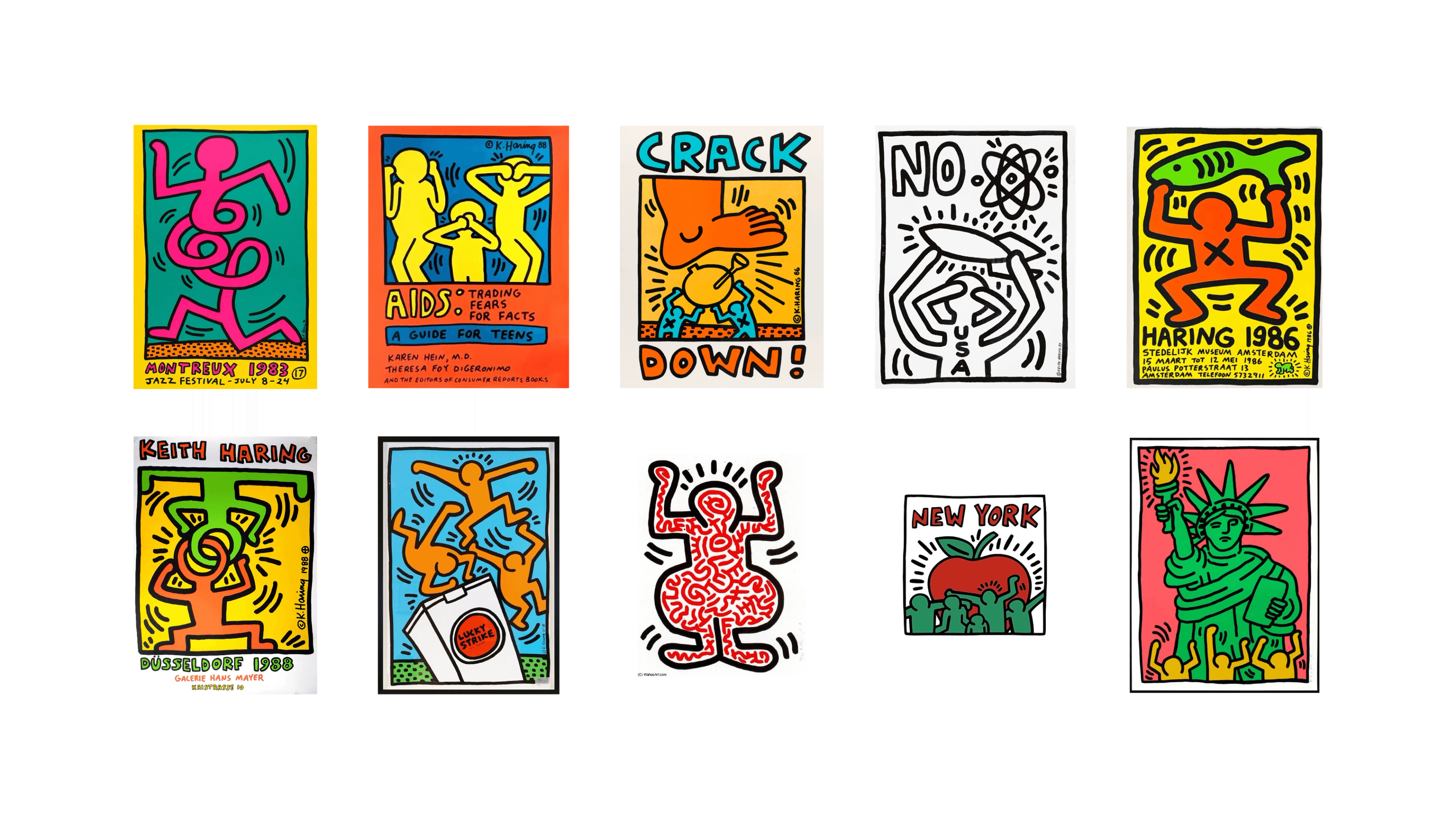 A collection of Keith Haring posters and prints featuring outlined figures, symbols, and bold text.