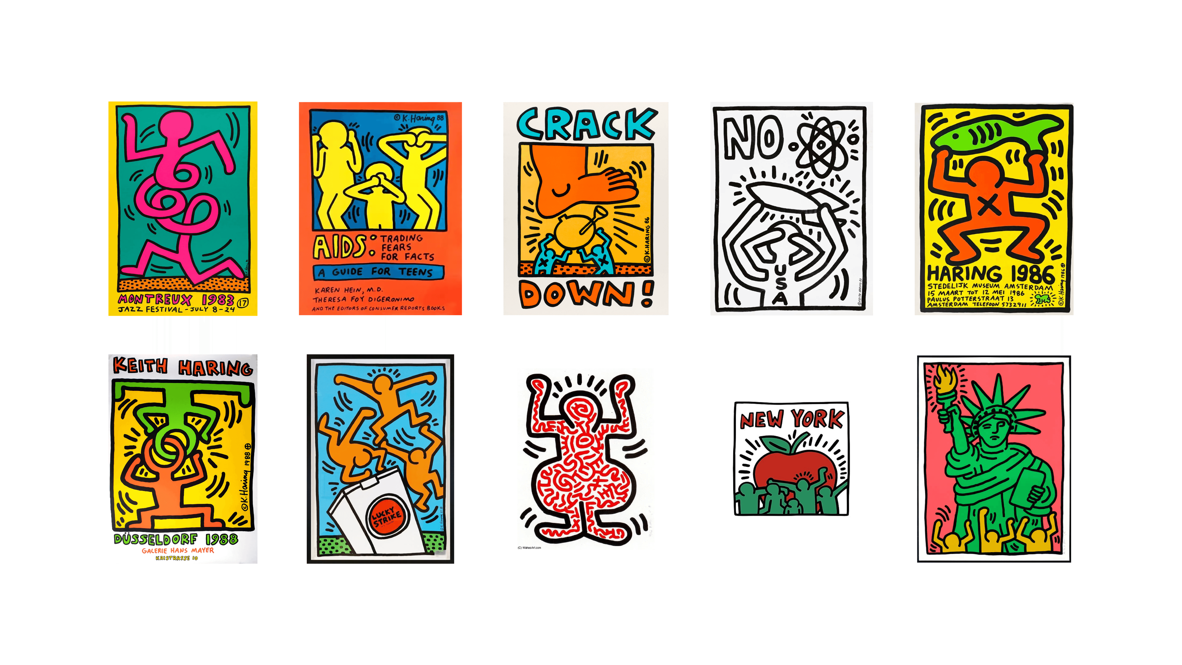 A collection of Keith Haring posters and prints featuring outlined figures, symbols, and bold text.