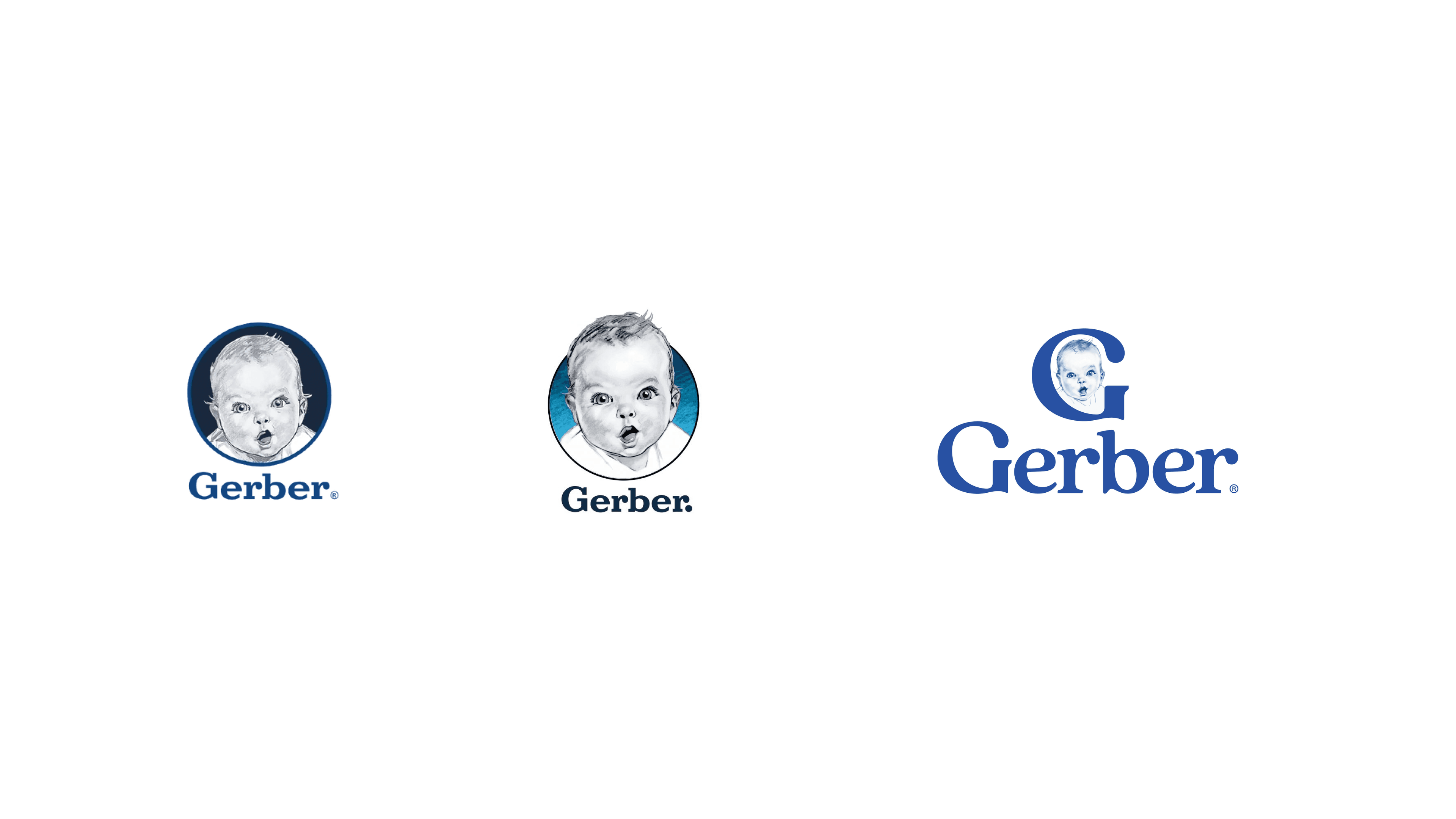 Gerber logo history showing the baby face icon and Gerber wordmark on a white background.