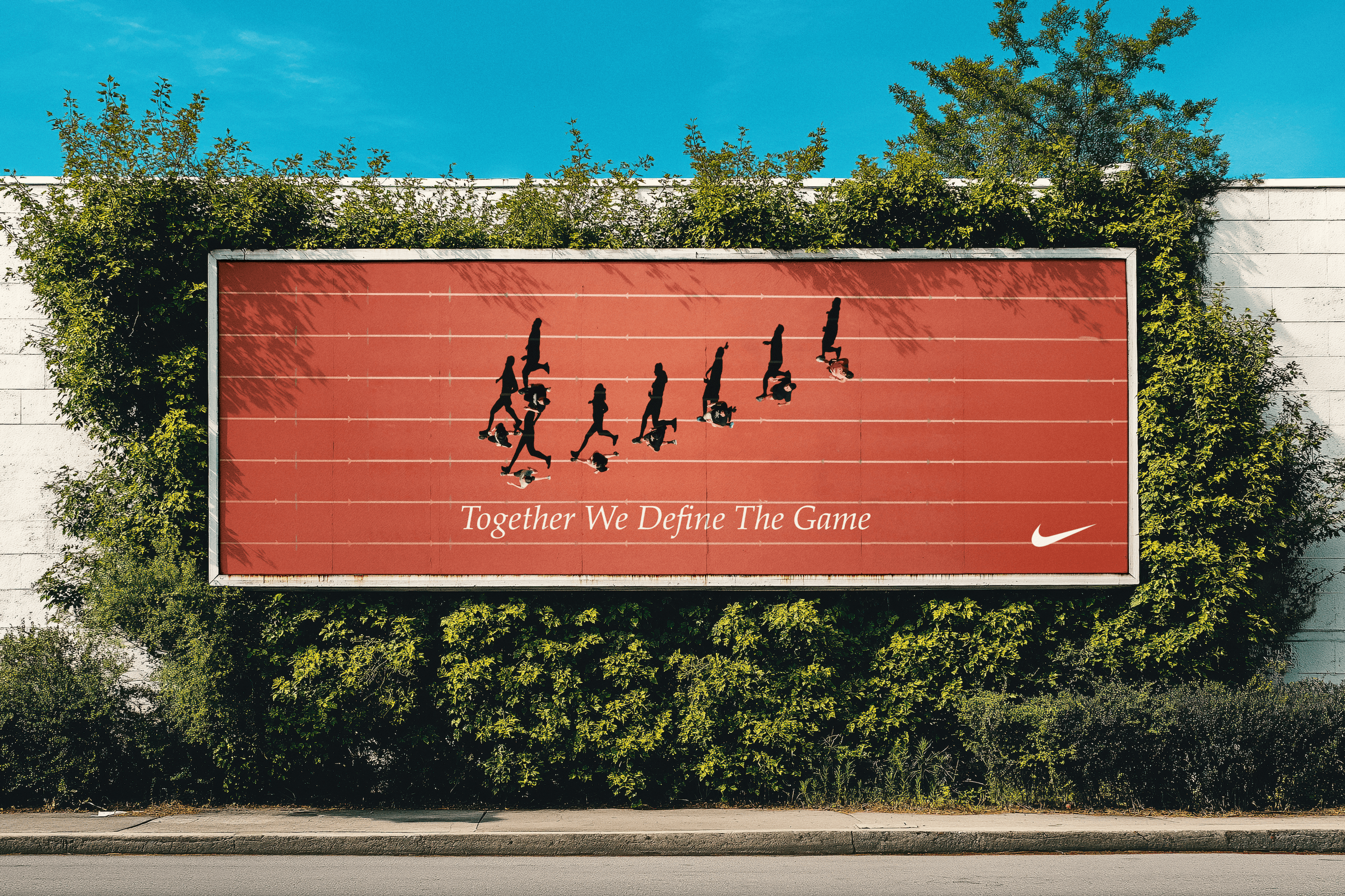 Marketing billboard shows runners on a track with “Together We Define The Game” and a swoosh logo.