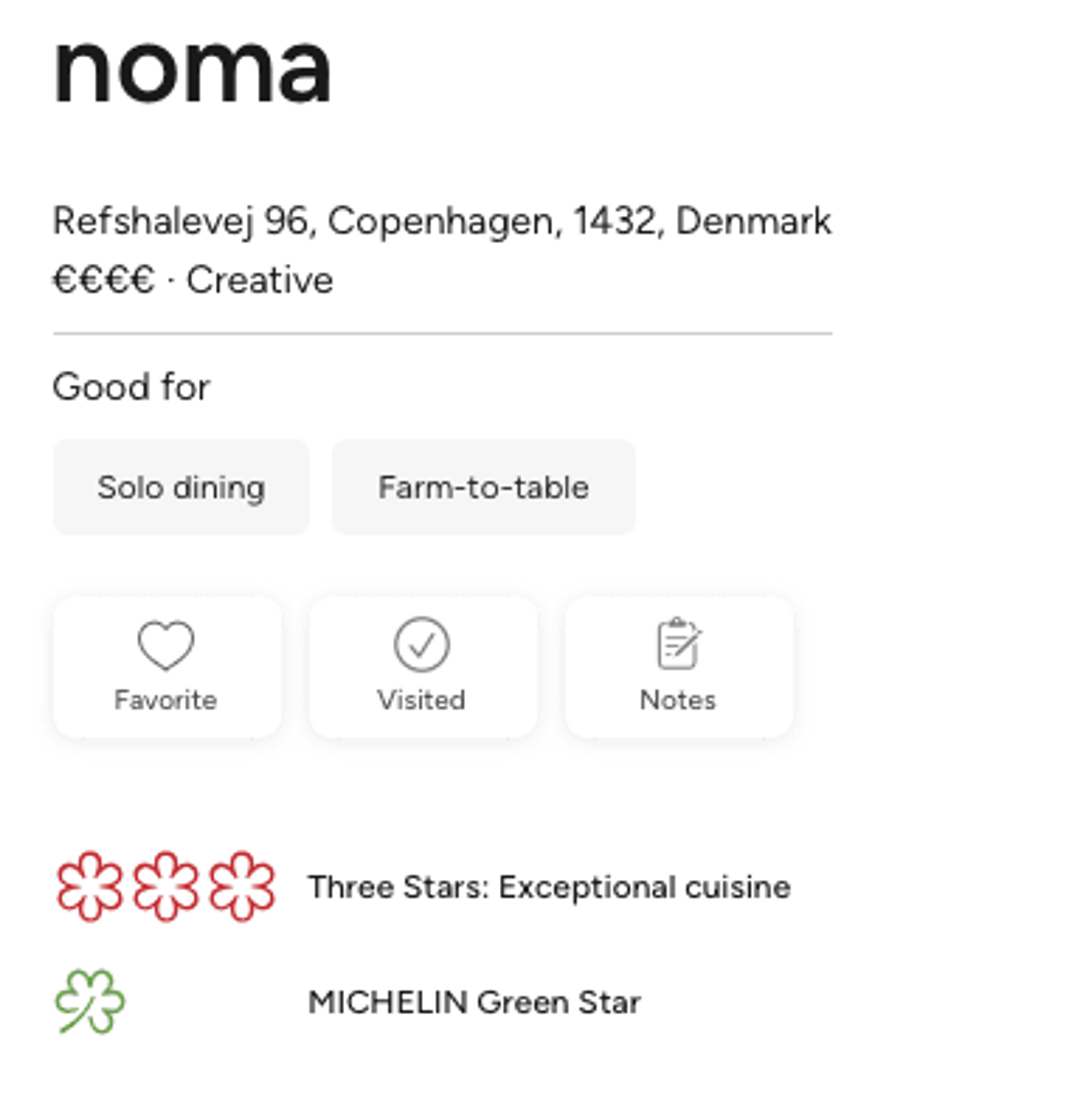 Noma listing showing Copenhagen address, three Michelin stars and Michelin Green Star