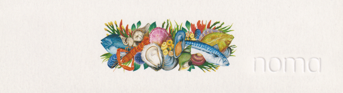 Illustrated strip of seafood and produce with subtly embossed Noma logo on paper