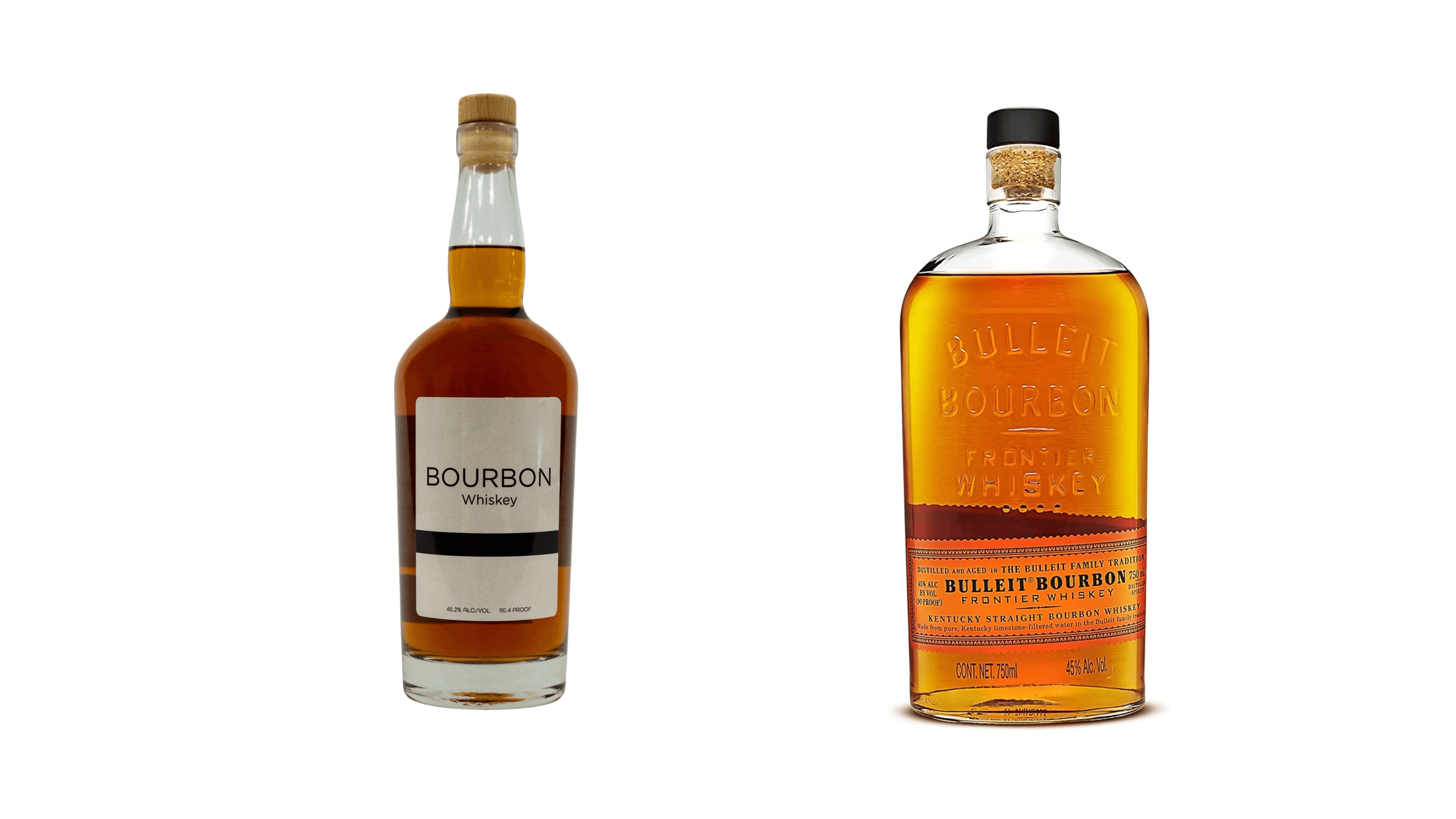 Two premium bourbon whiskey bottles with distinct labels displayed side by side on a white background.