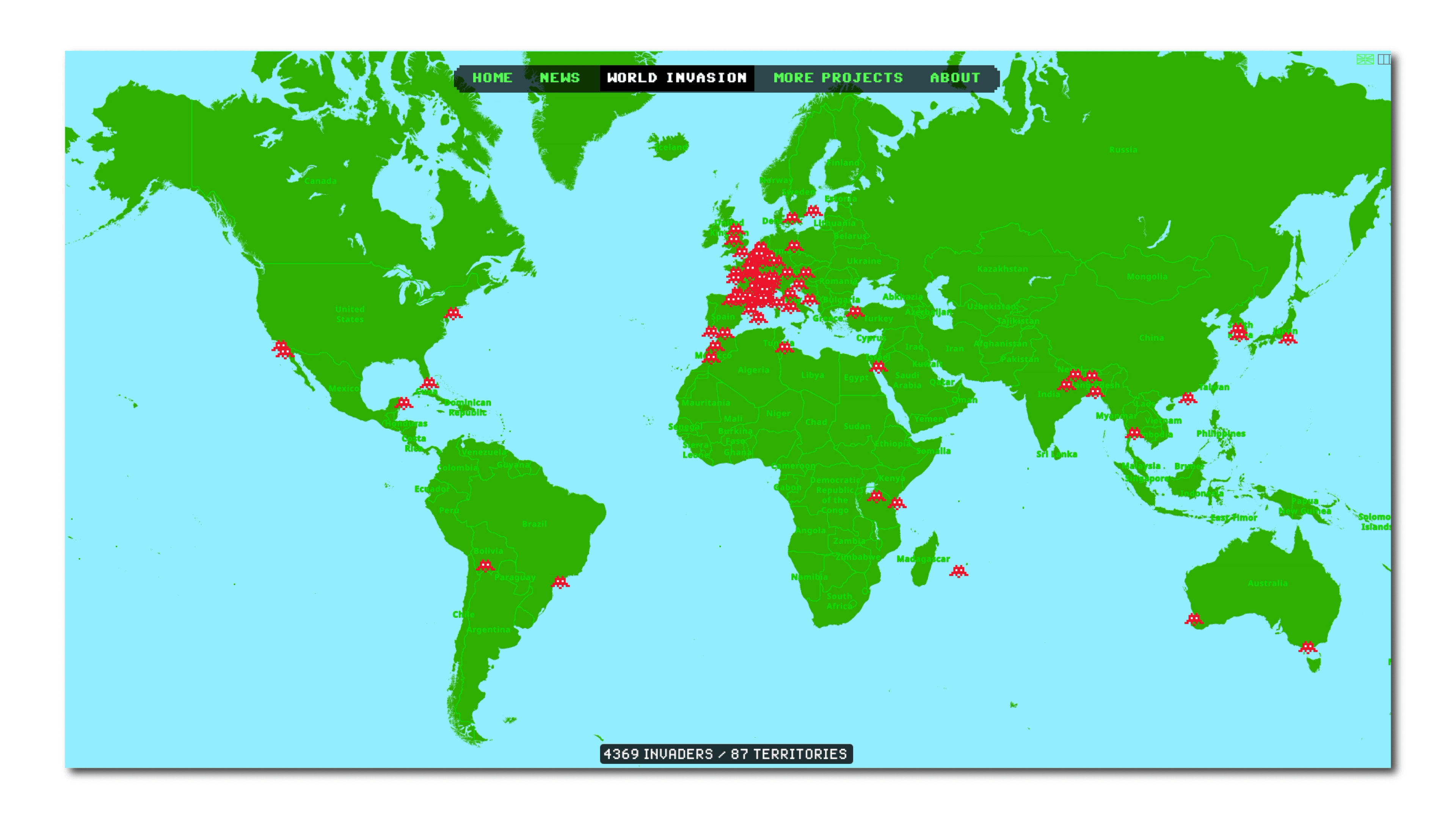 World map from Invader website showing cities marked with pixel invader icons.