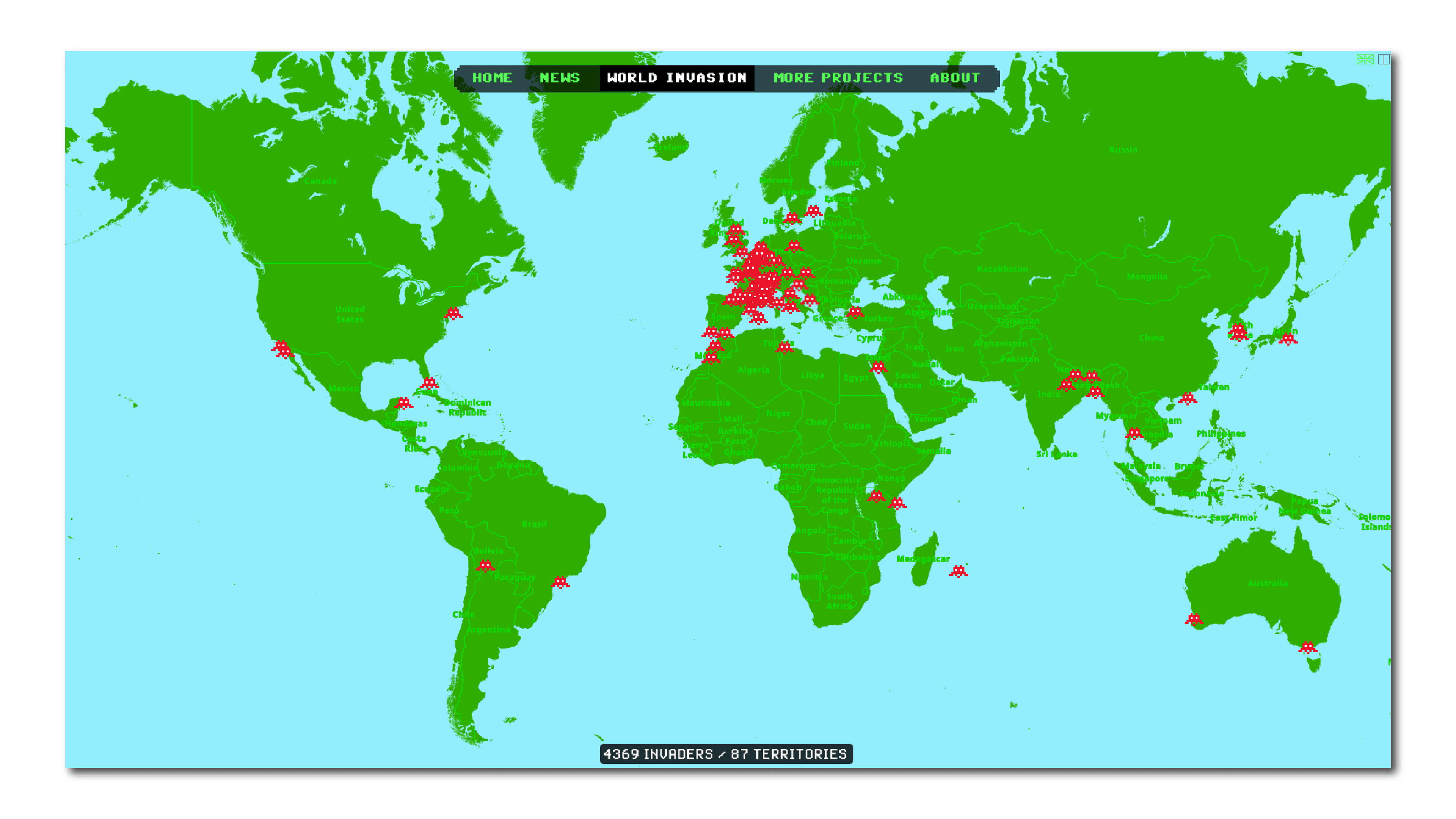 World map from Invader website showing cities marked with pixel invader icons.