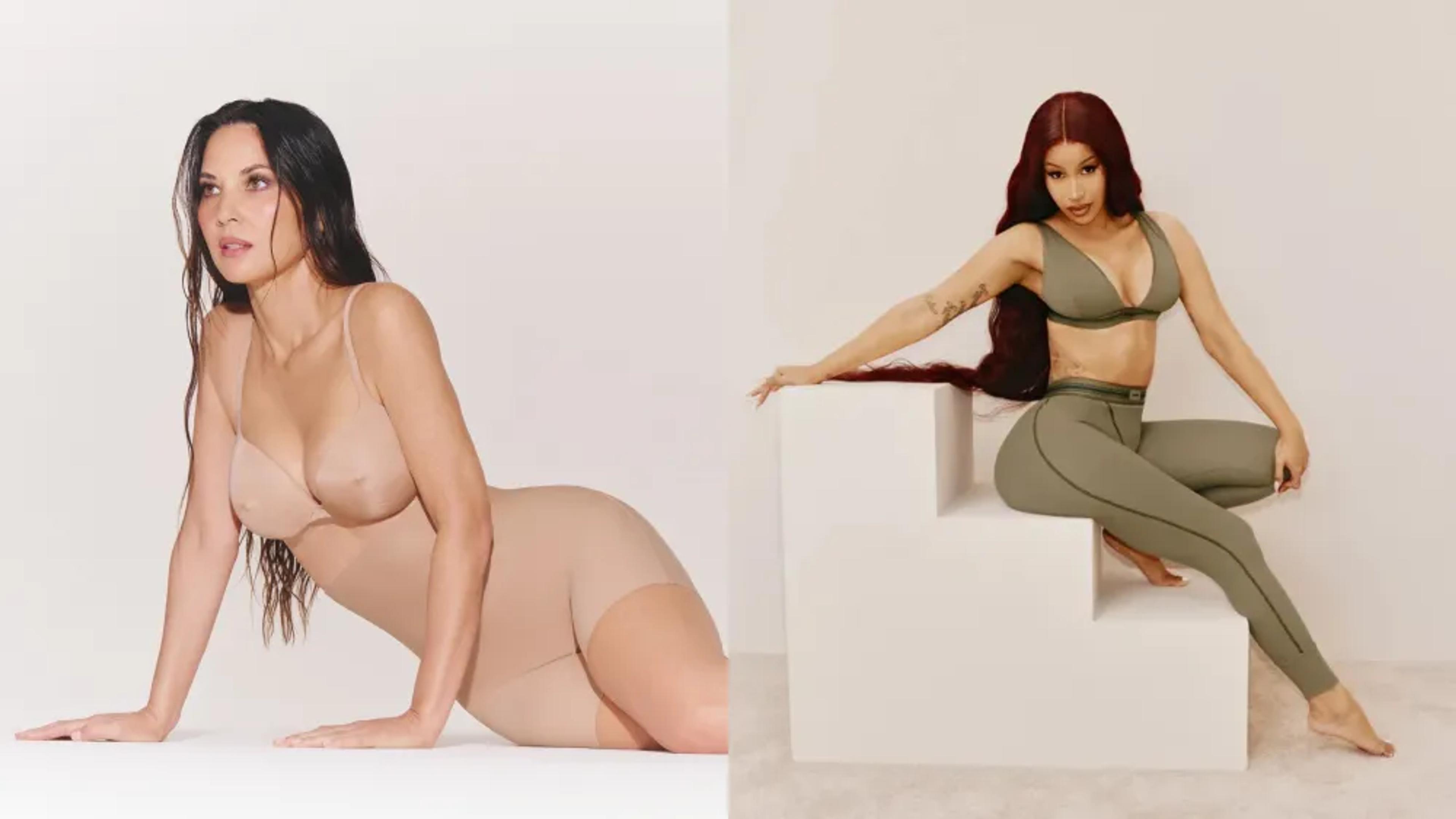 Two campaign images of models wearing nude shapewear and olive athleisure sets from celebrity brand Skims