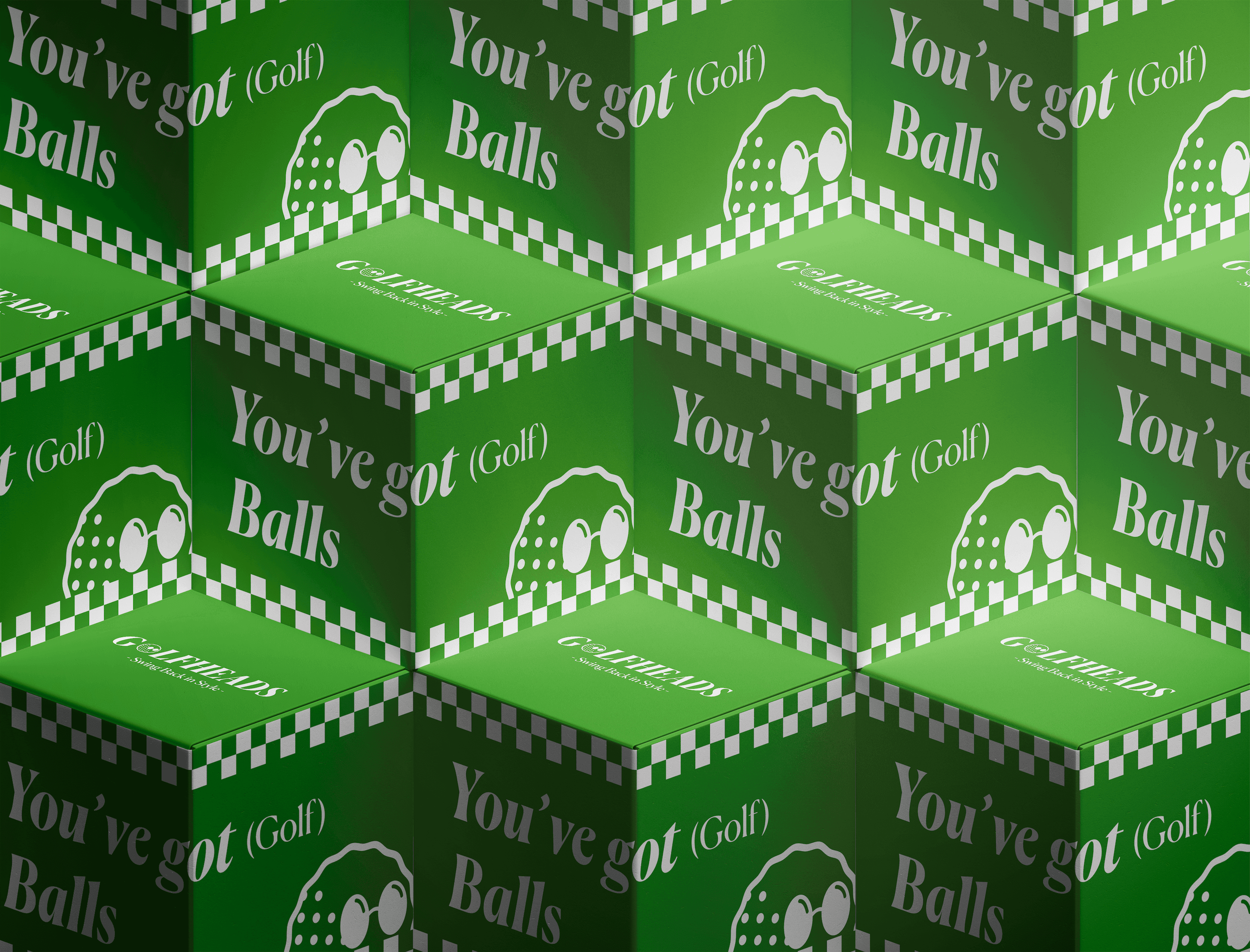 Repeating green isometric boxes reading You’ve got Golf Balls displayed as a playful packaging mockup pattern.