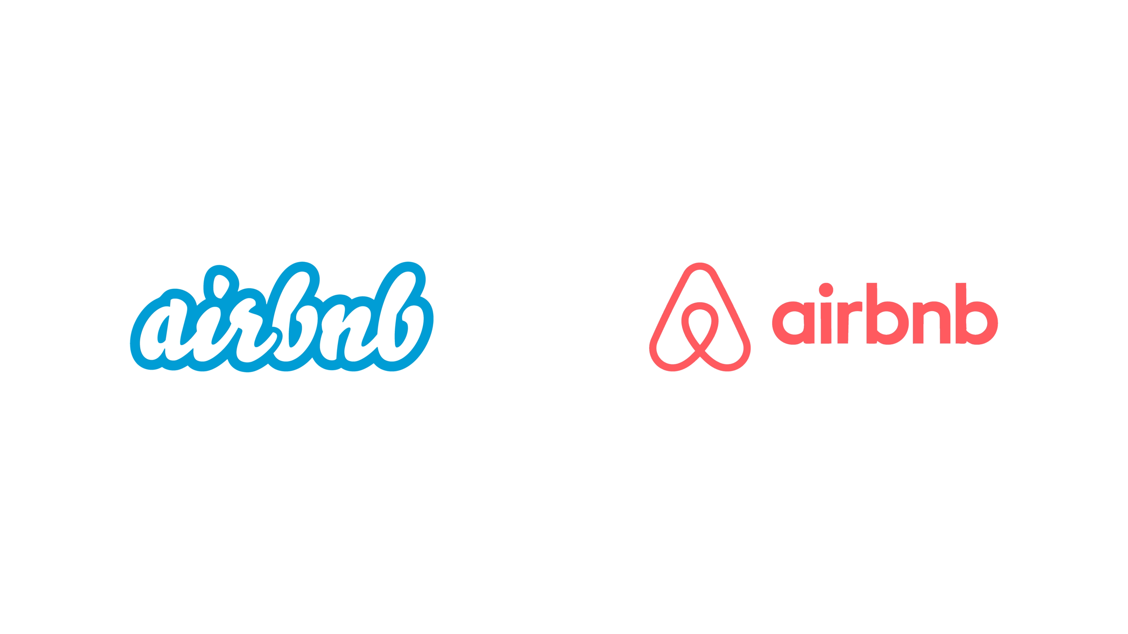 Before and after Airbnb rebranding showing the evolution from the original script logo to the modern Airbnb symbol and wordmark