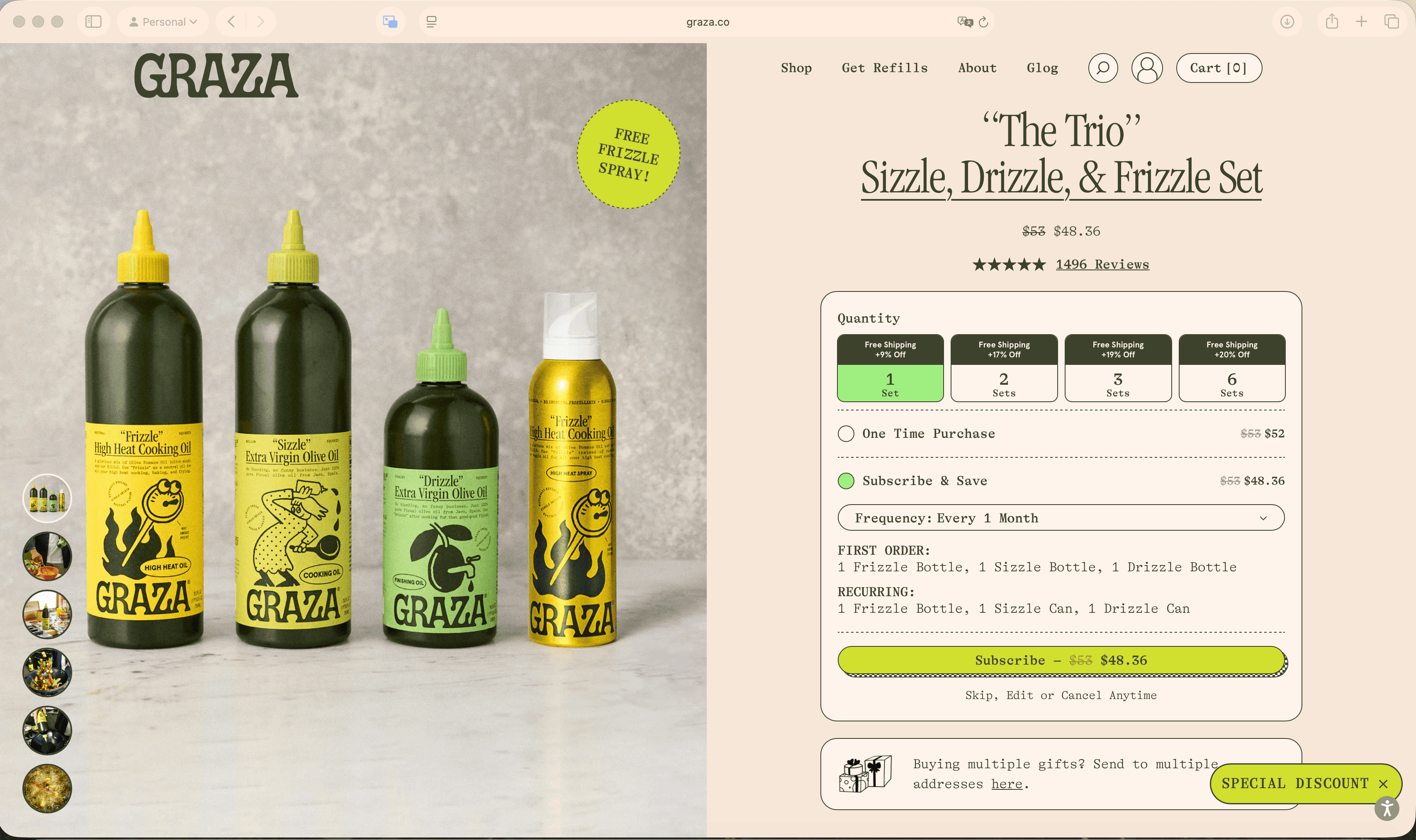 Graza Trio product page showing Sizzle, Drizzle, and Frizzle olive oil bottles with pricing, quantity options, and subscription purchase details.