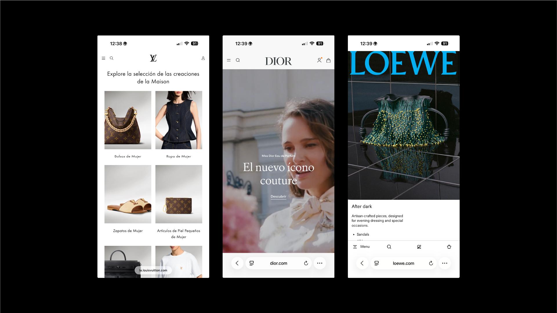 LV, Dior & Loewe web home screens