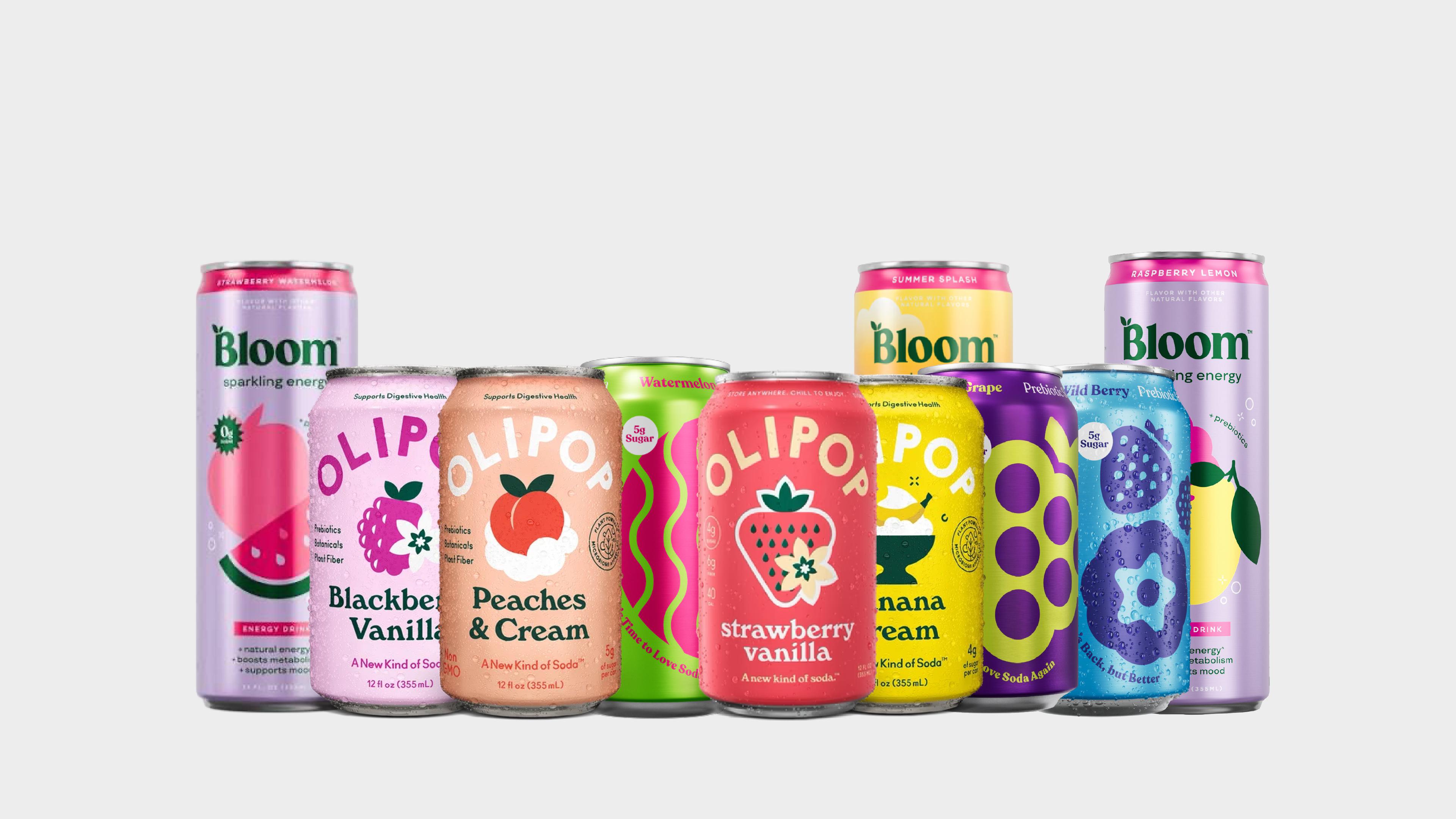 olipop, bloom and poppi cans
