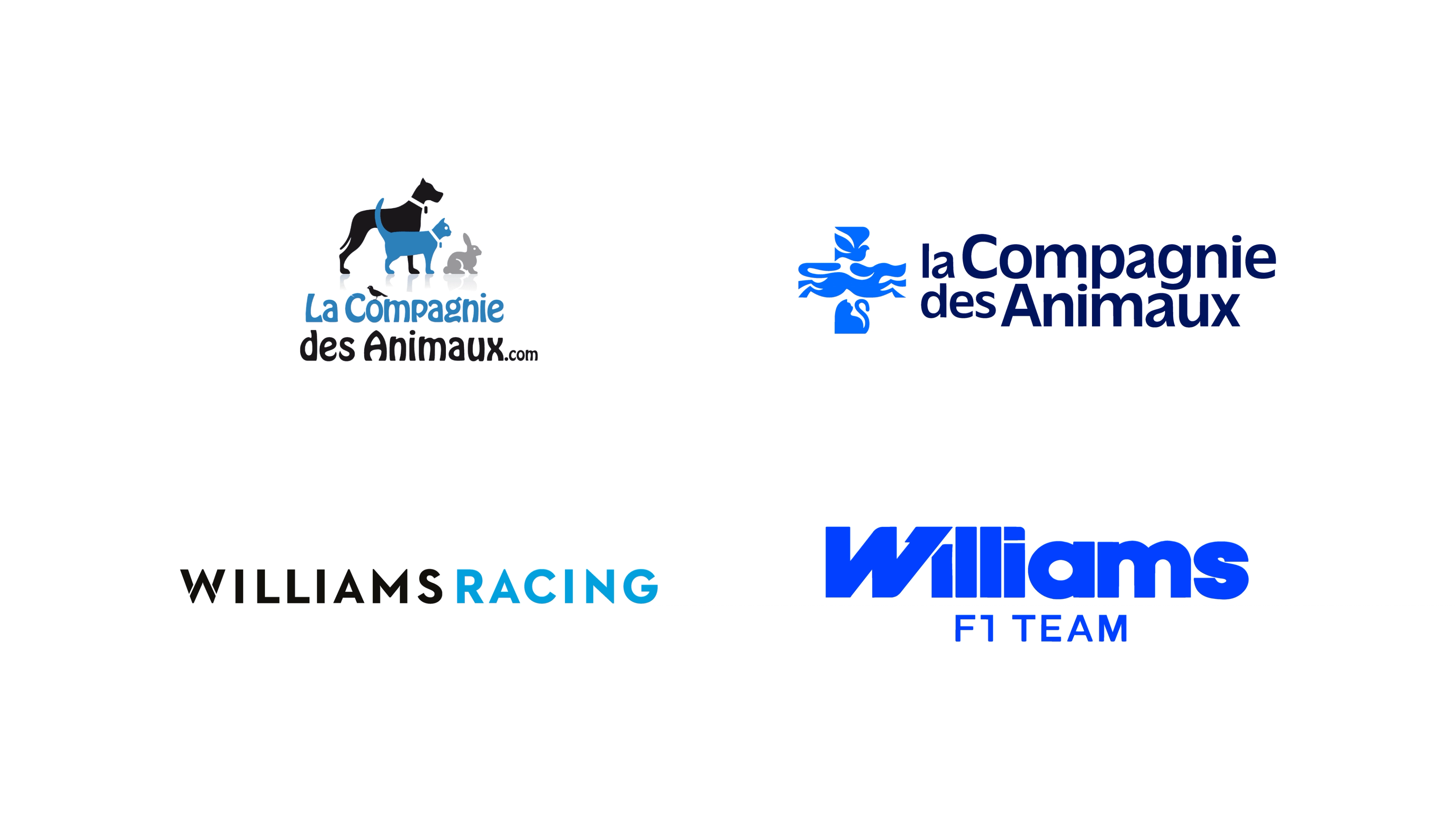 Logo comparisons for La Compagnie des Animaux and Williams Racing showing older marks next to 2025 updates.