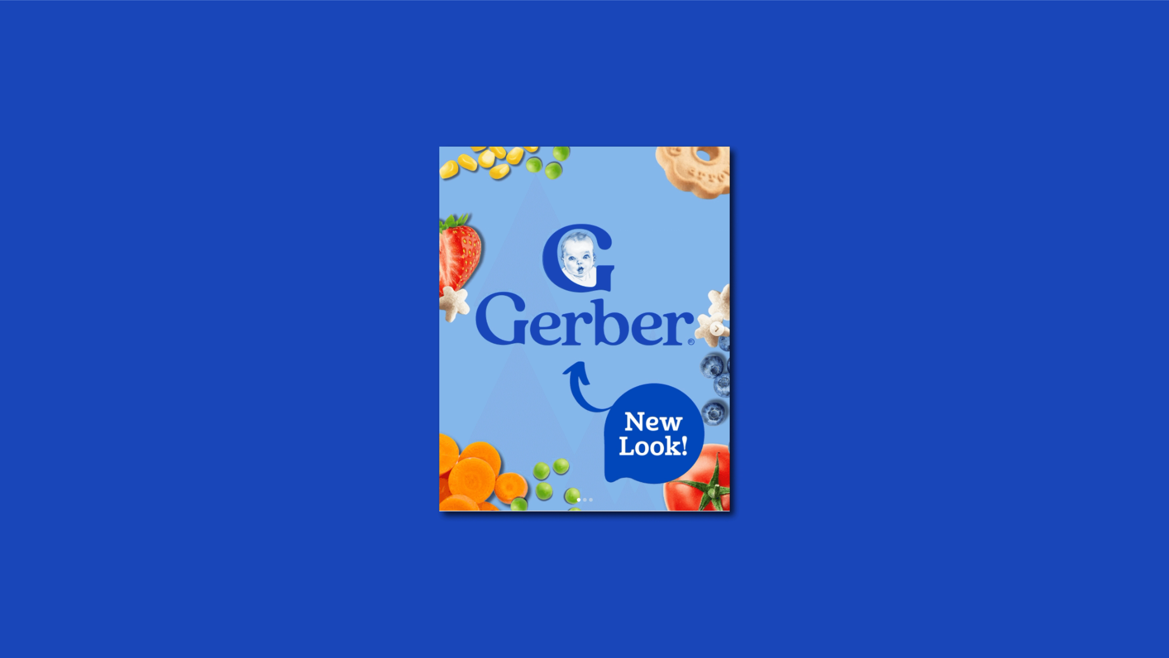 Gerber brand card on blue background with New Look callout and fruit and veggie pieces around the edges.