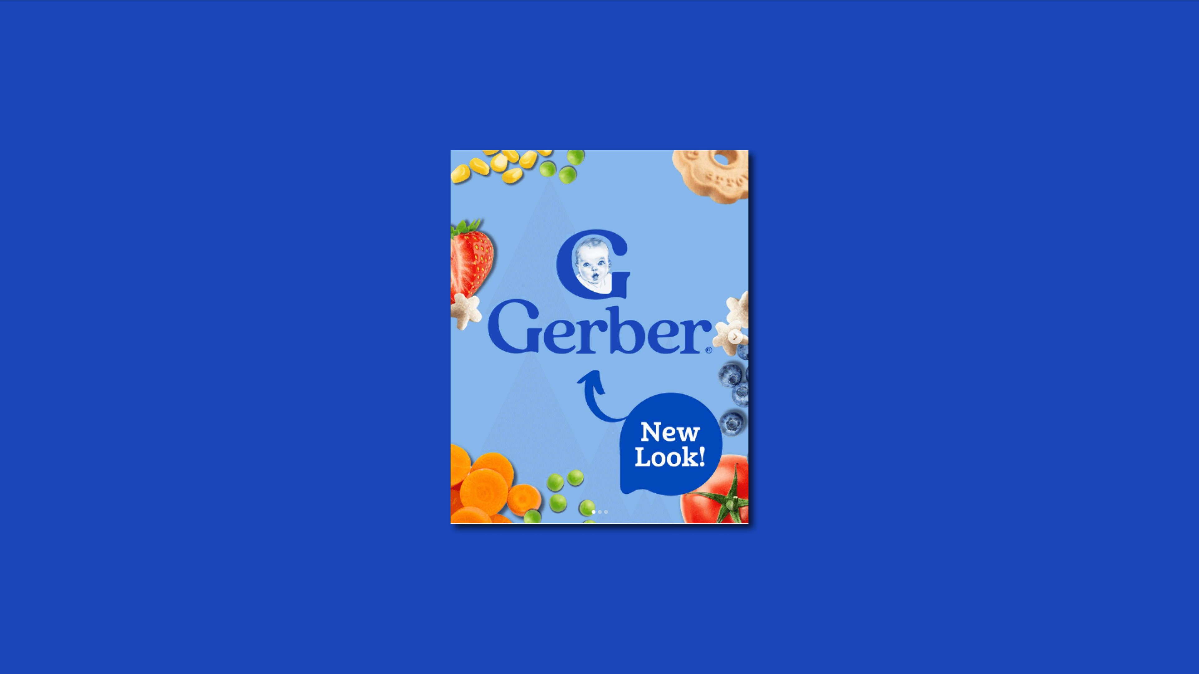 Gerber brand card on blue background with New Look callout and fruit and veggie pieces around the edges.