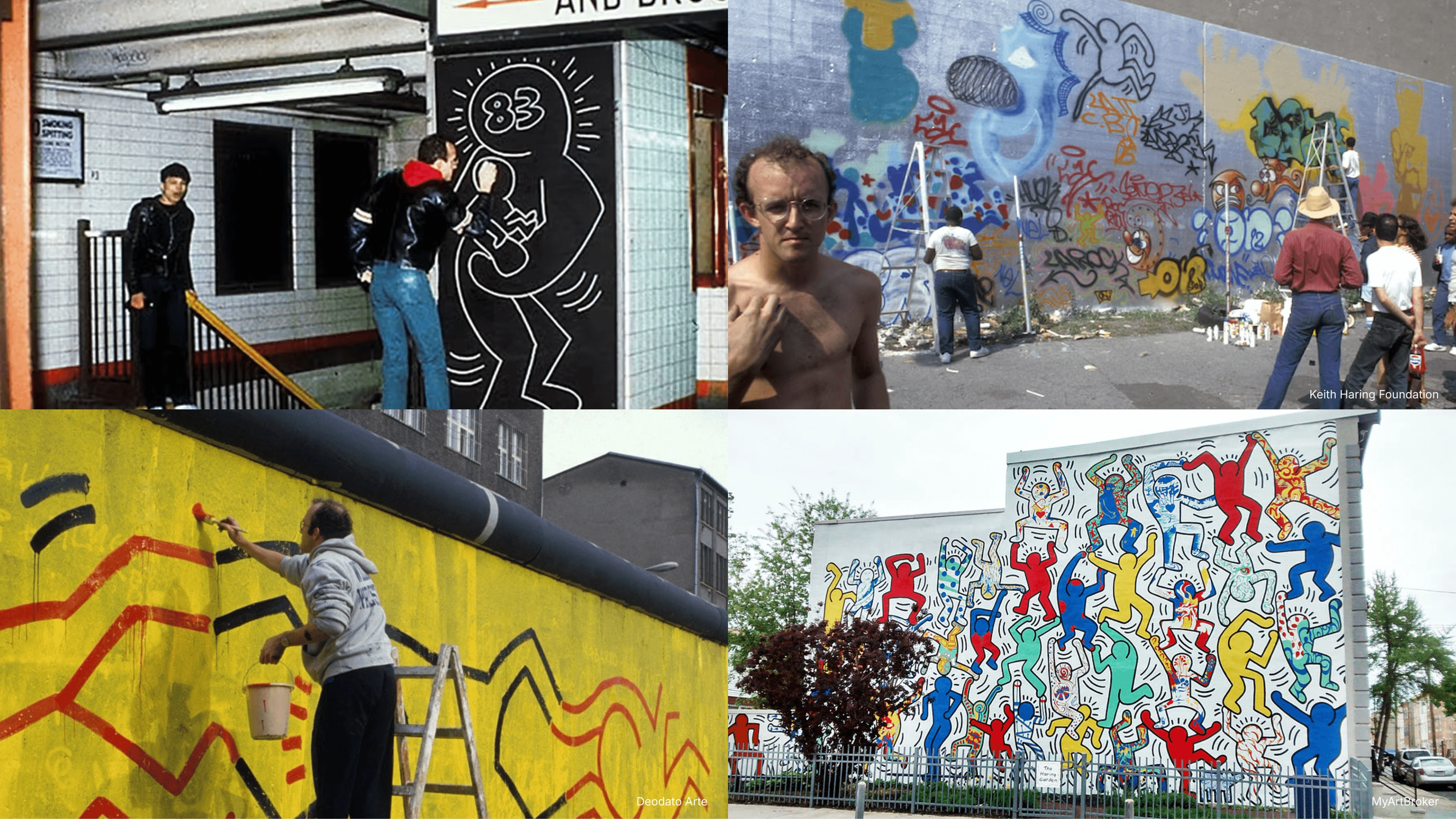 Keith Haring draws a chalk figure on a black subway panel while commuters stand nearby.