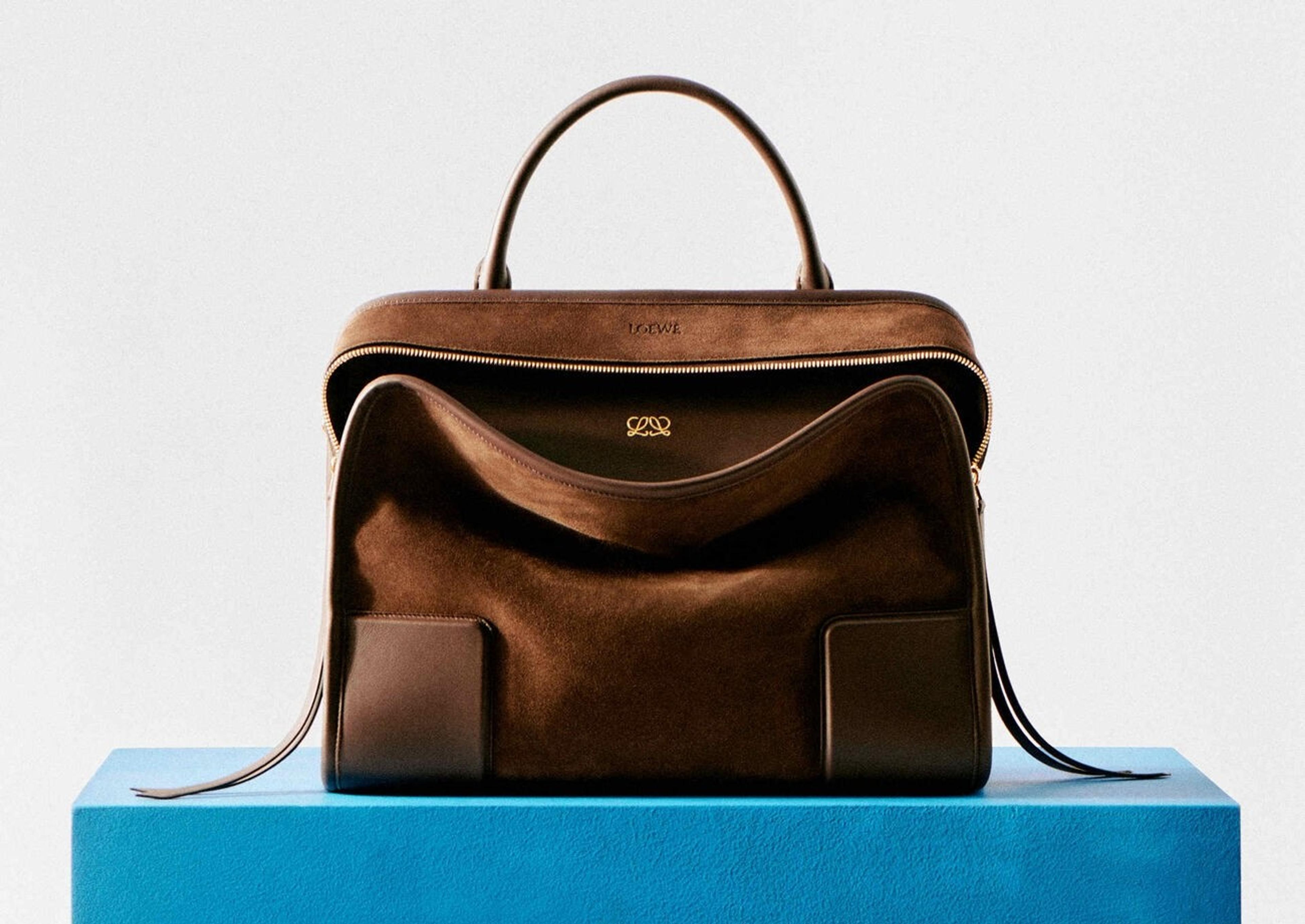 Loewe leather bag photographed with the new logo anagram, emphasizing the brand’s subtle logo evolution