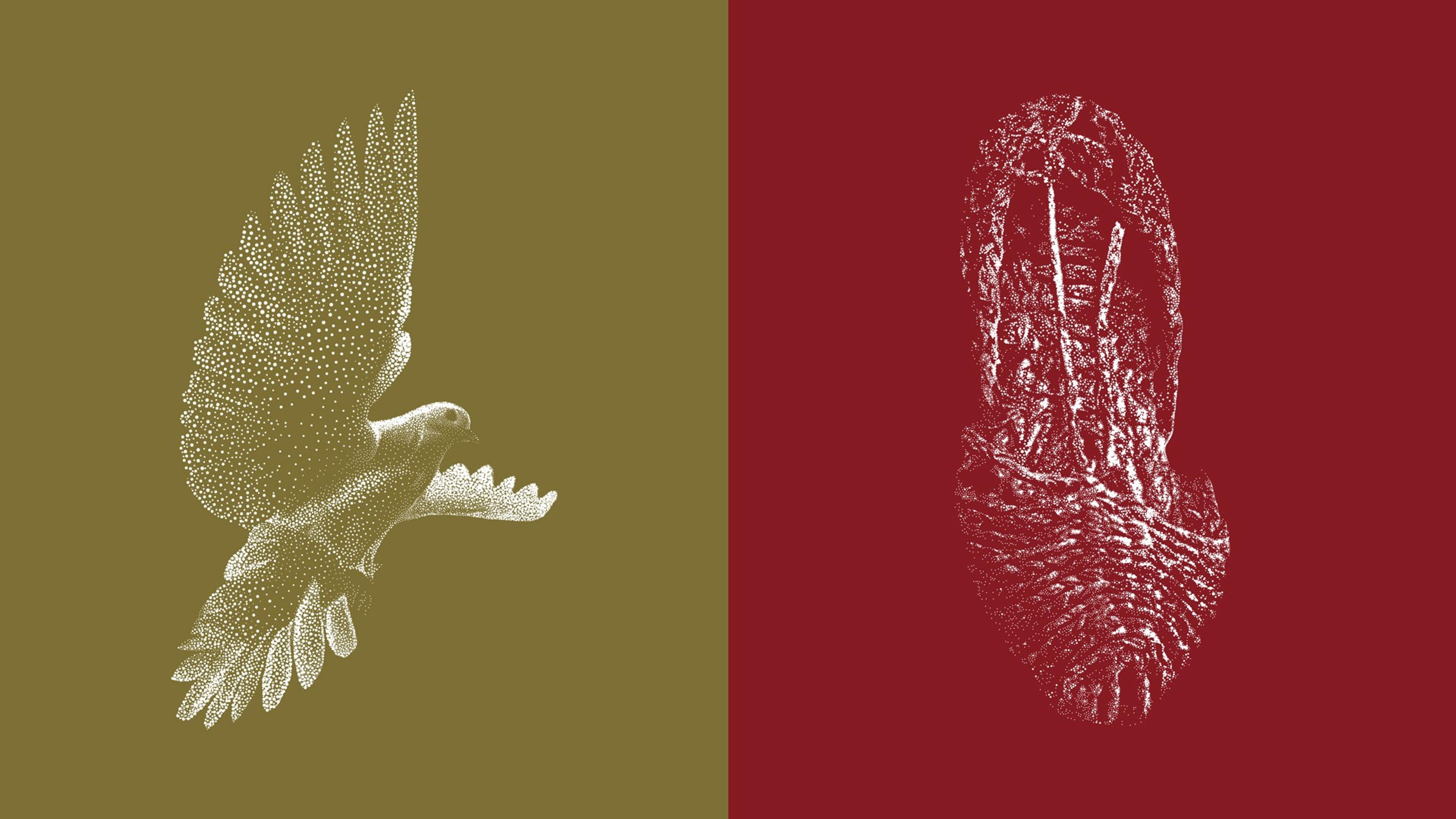 Split graphic showing a dotted bird silhouette and a bread loaf silhouette on contrasting backgrounds.