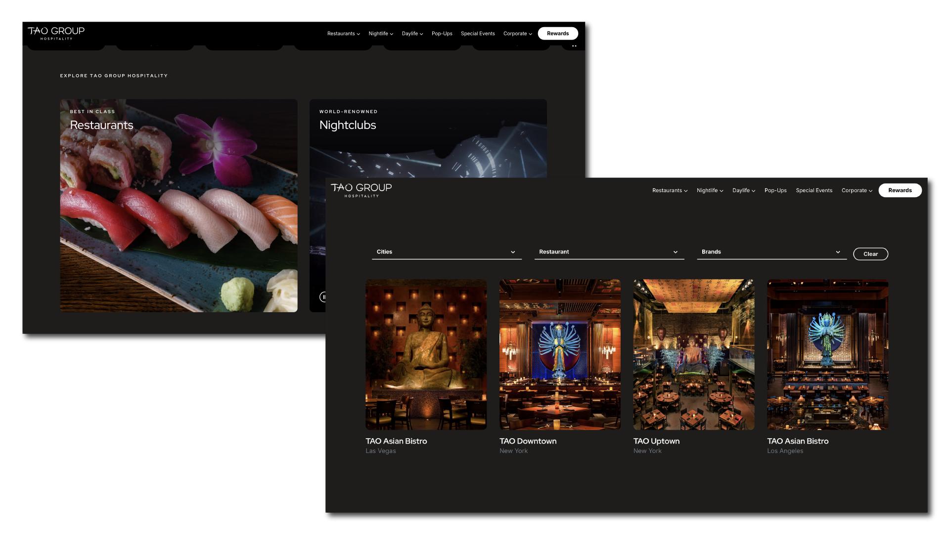 Tao Group Hospitality Website snapshots