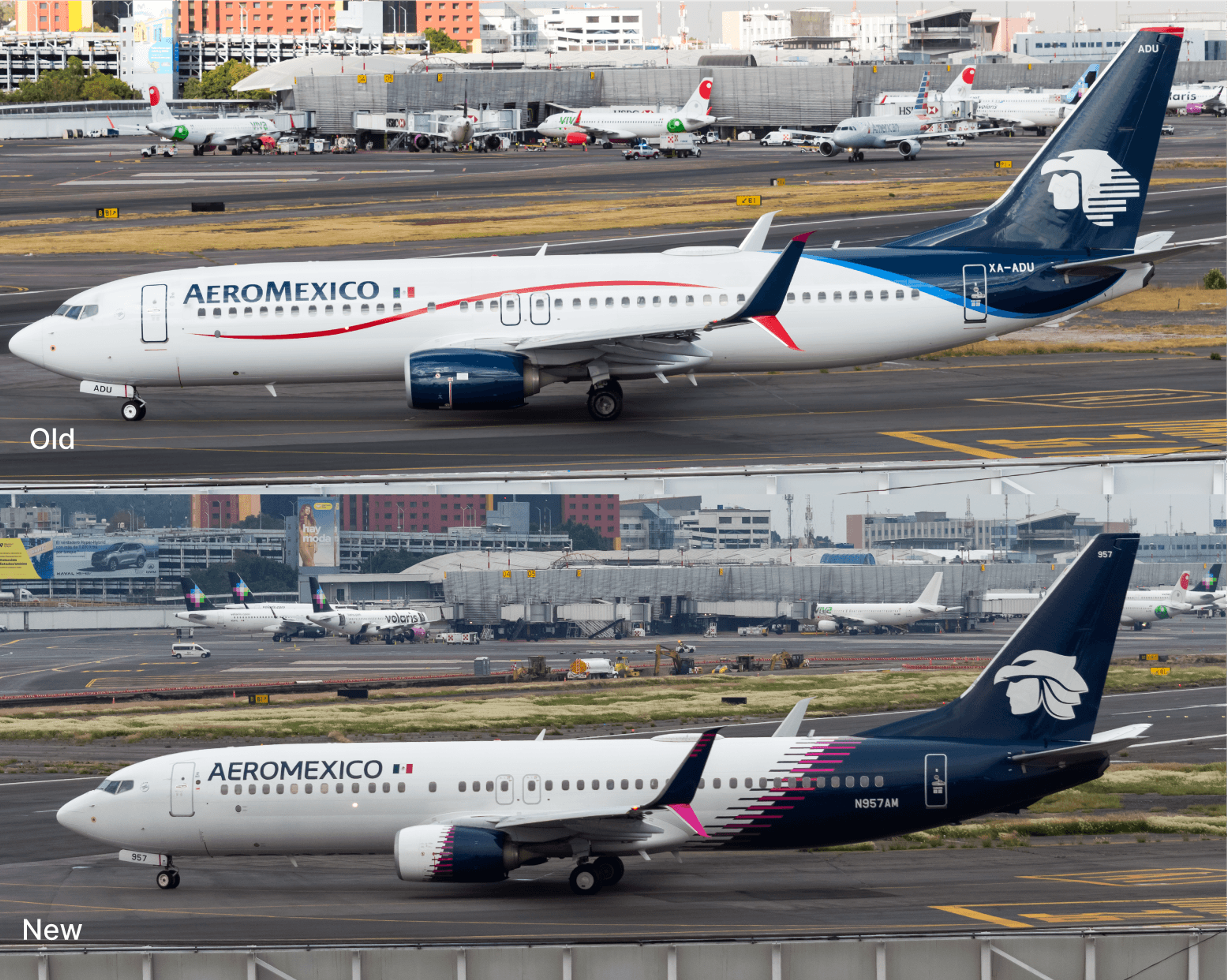 Old and new Aeromexico liveries on Boeing 737s at the airport, contrasting the classic white design with the 2024 dark blue and magenta scheme