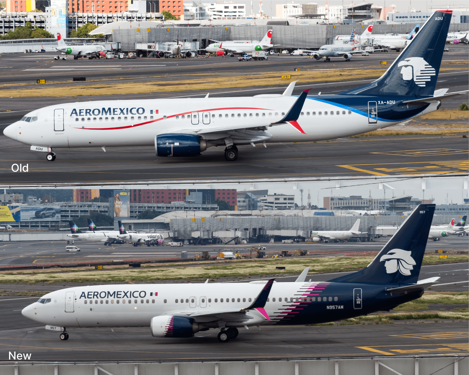 Old and new Aeromexico liveries on Boeing 737s at the airport, contrasting the classic white design with the 2024 dark blue and magenta scheme