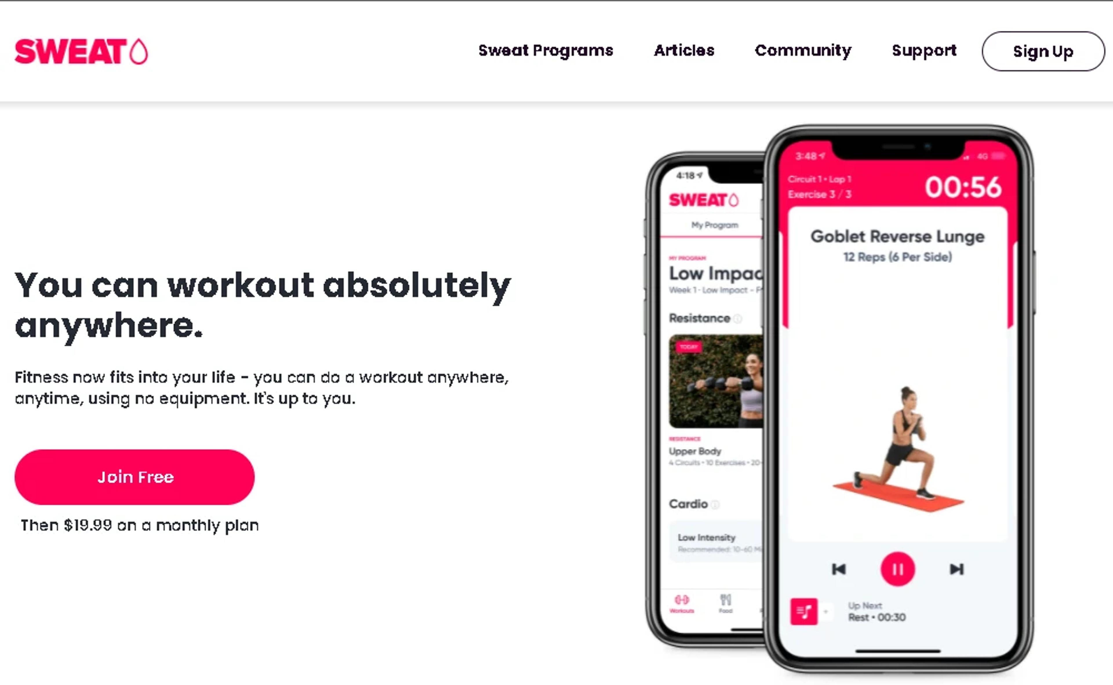 Sweat fitness app landing page showing workout copy, pricing and mobile UI previews of guided exercise programs
