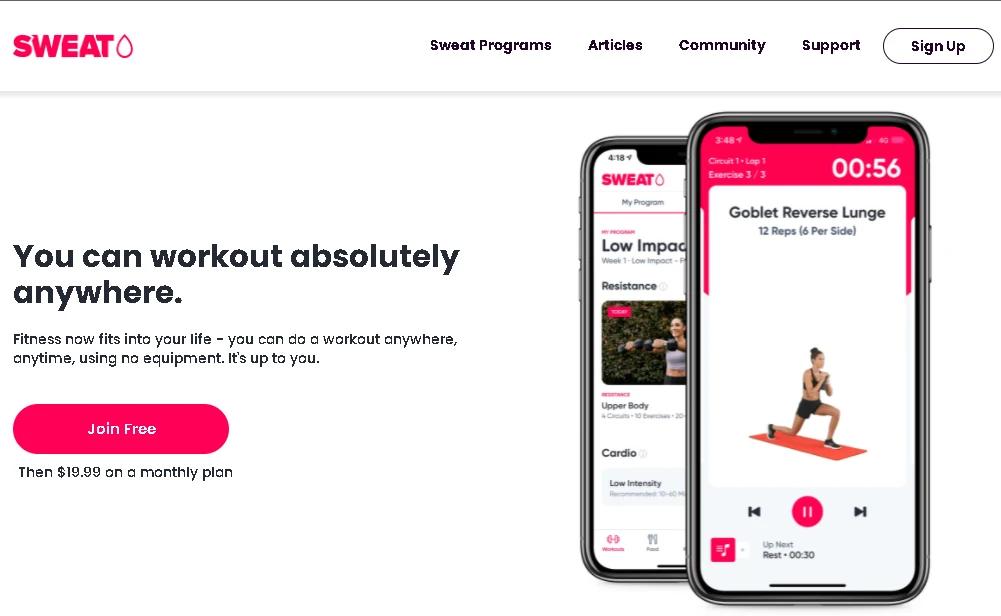 Sweat fitness app landing page showing workout copy, pricing and mobile UI previews of guided exercise programs