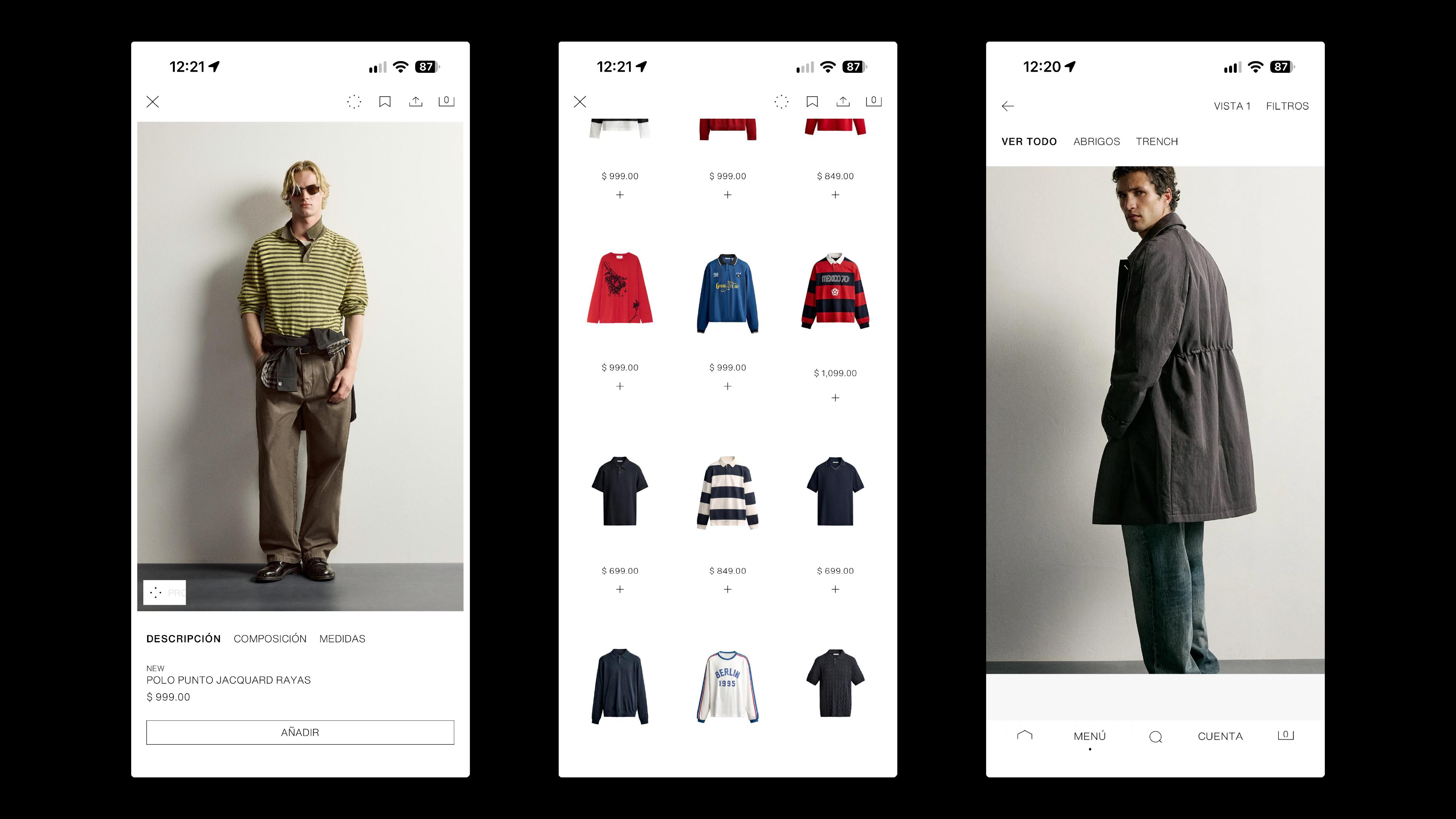 zara website mobile screens