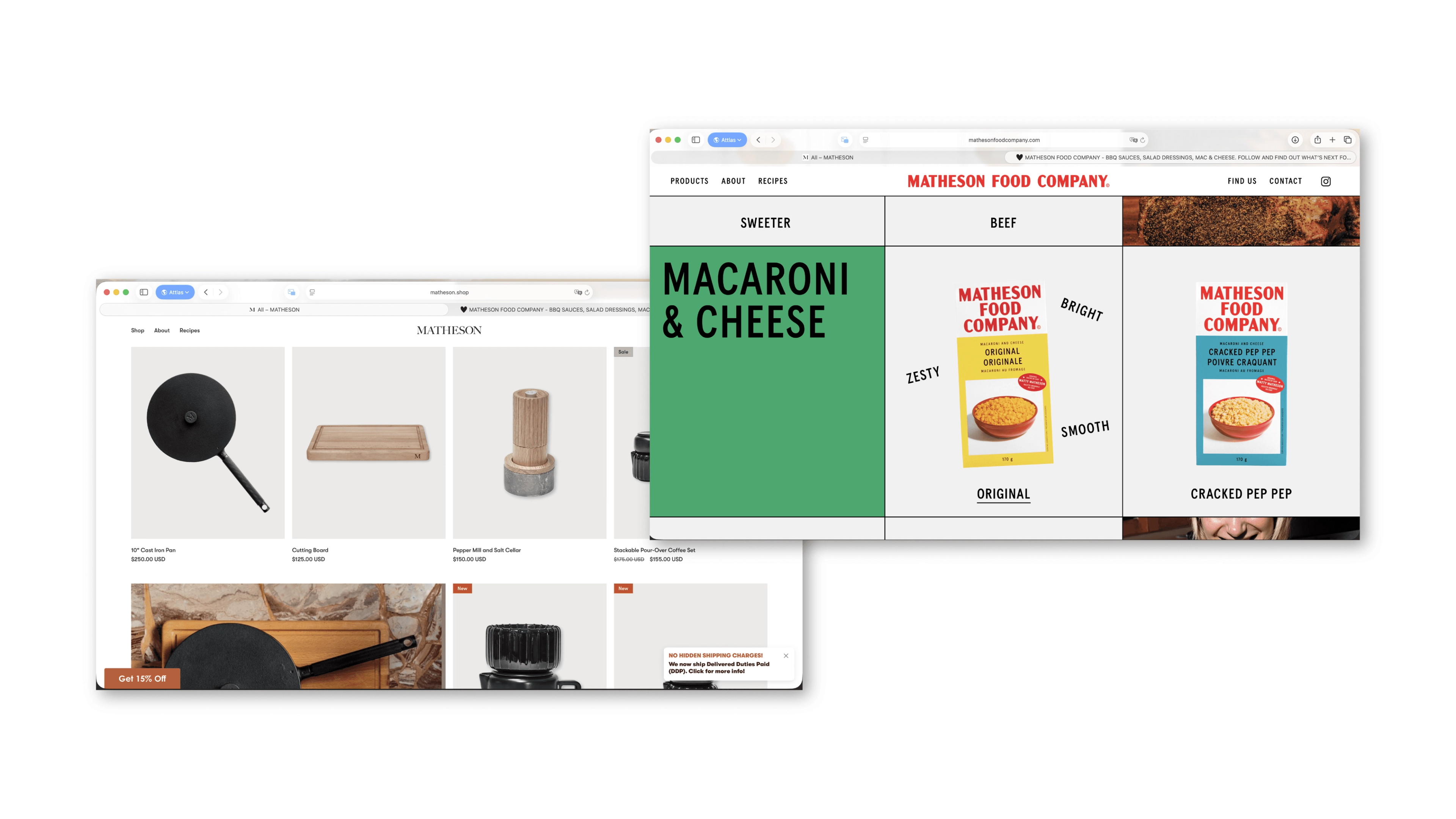 Matheson Food Company website showcasing product-driven design, bold typography, and a cohesive ecommerce experience across food and cookware categories.