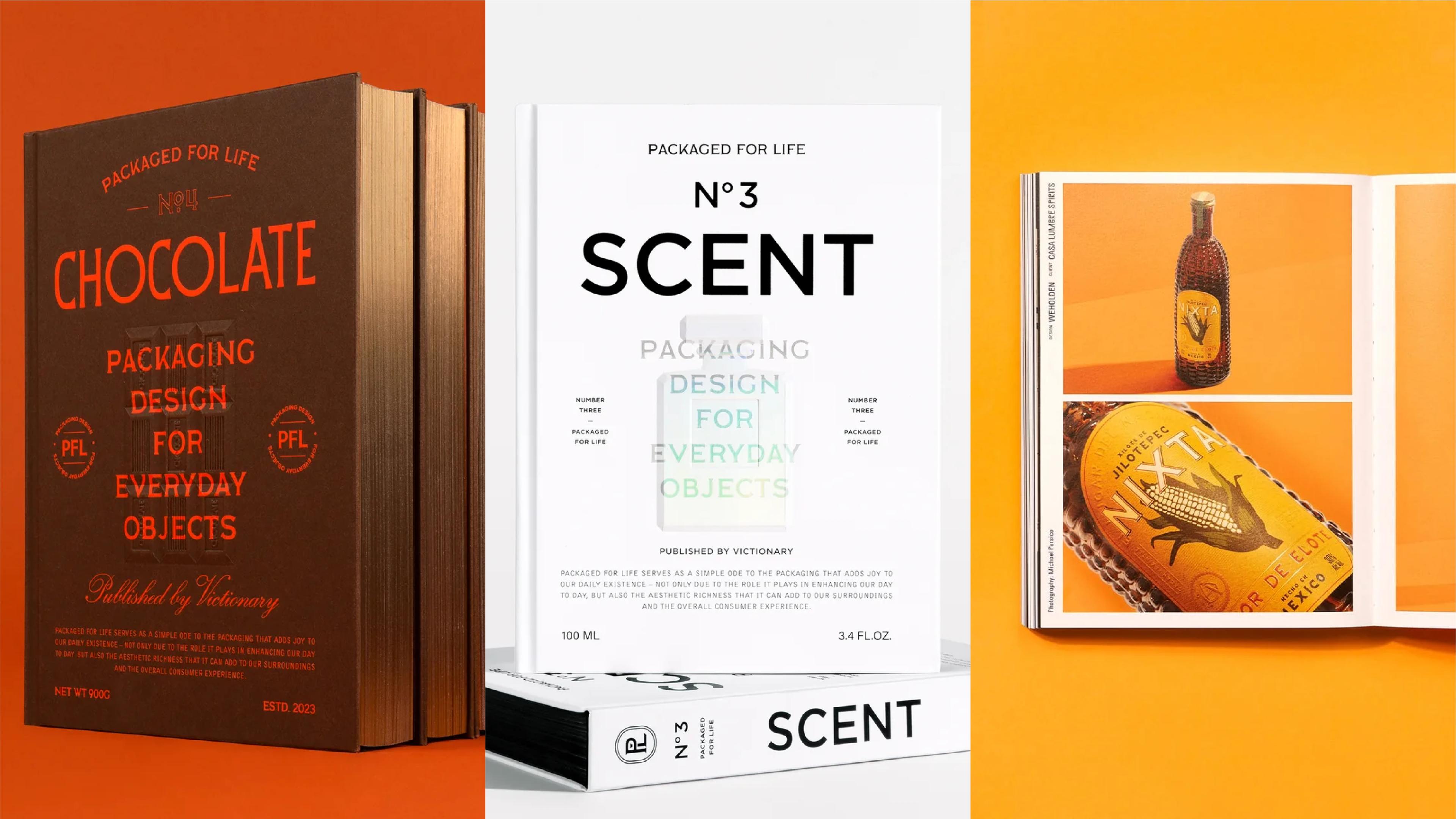 Victionary books packaged for life, scents, chocolate and spirits