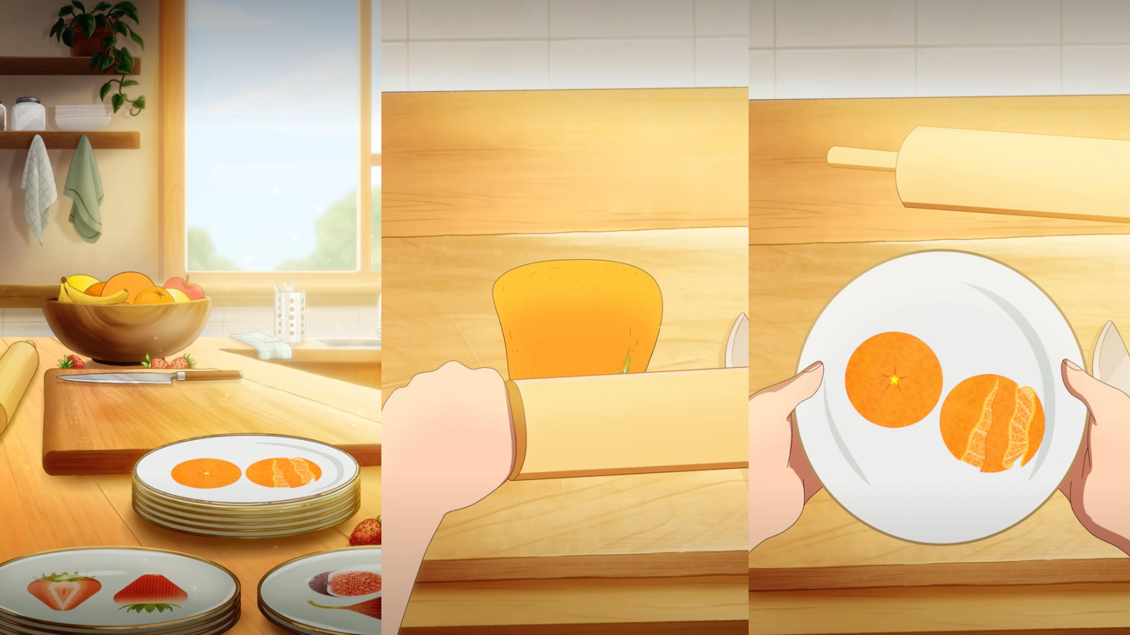 Hermès anime-style animation frame resembling a cooking scene on a wooden cutting board