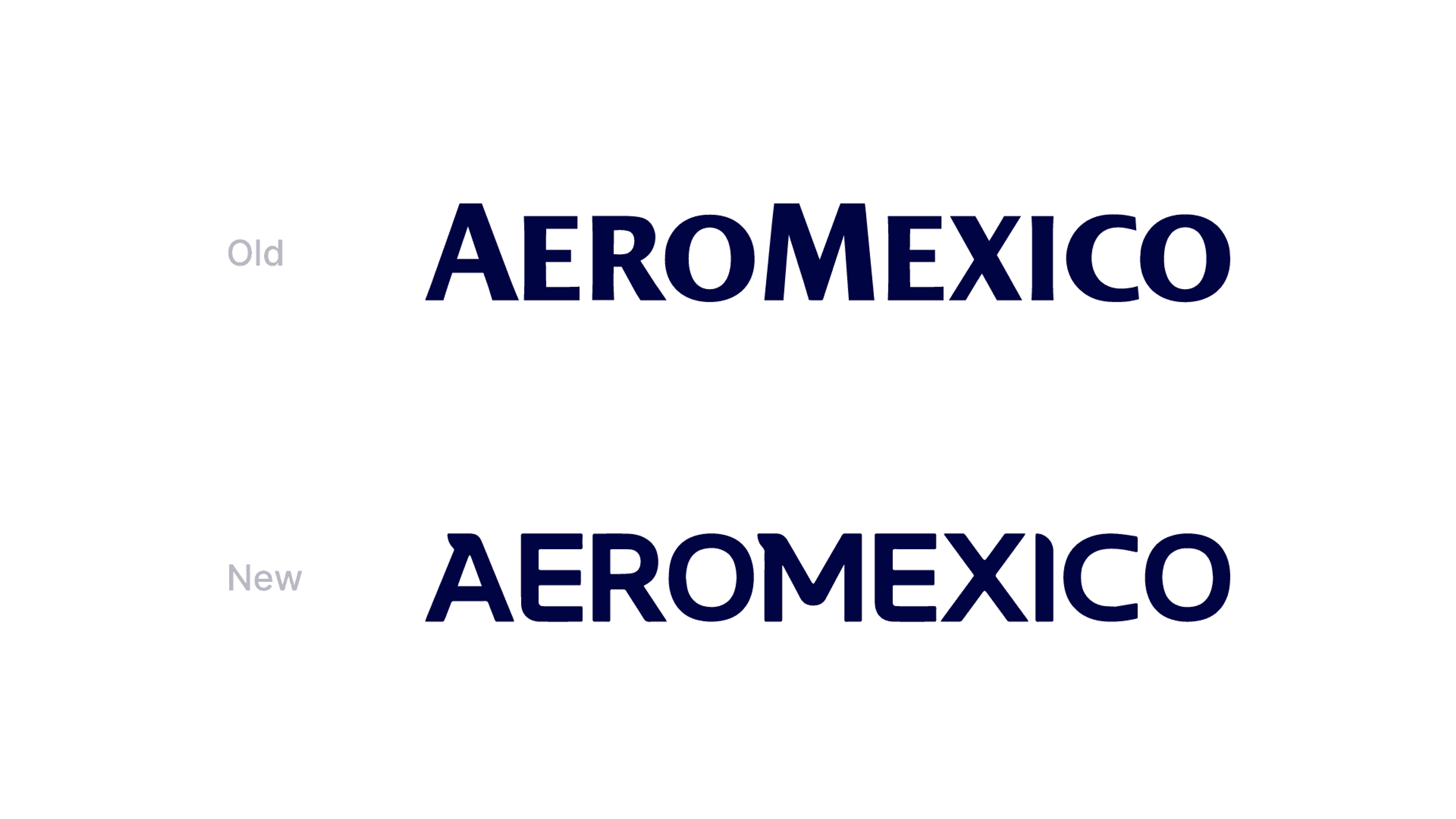 Aeromexico wordmark comparison showing the previous logo lettering above the new 2024 typography with altered proportions and spacing