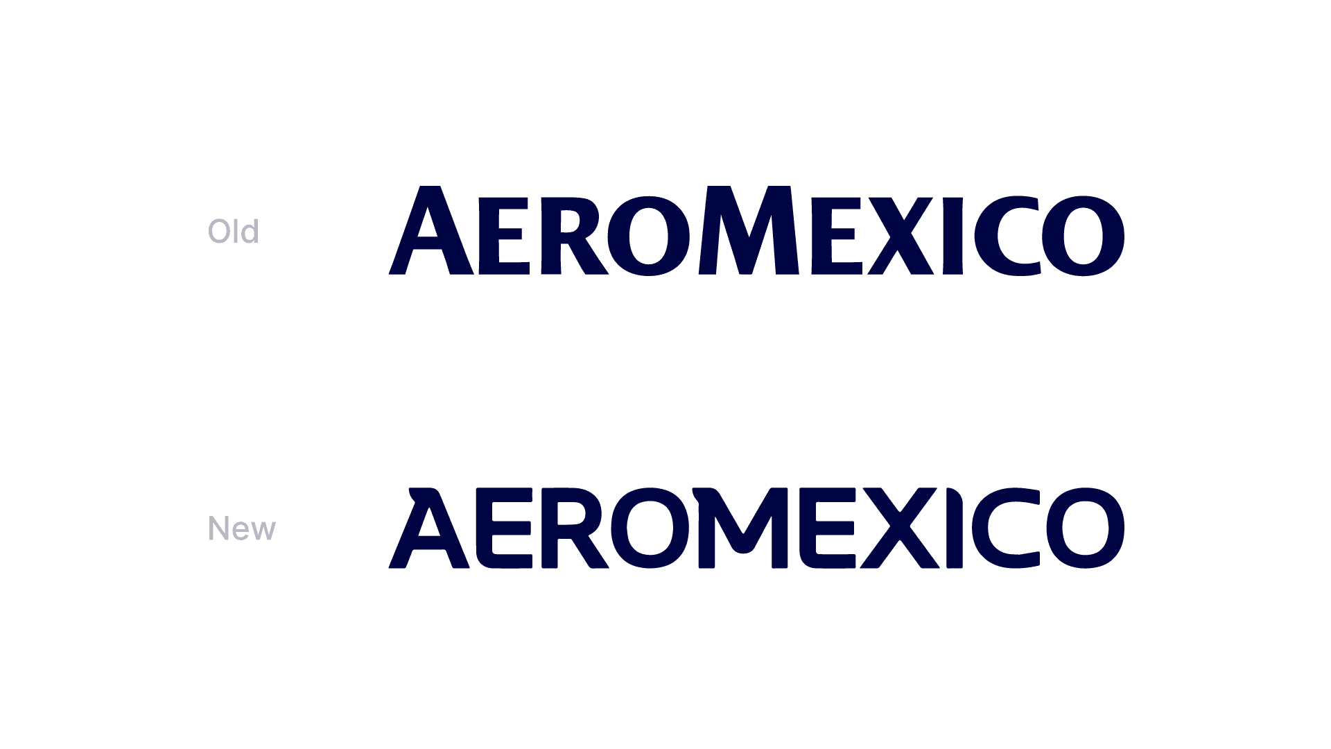Aeromexico wordmark comparison showing the previous logo lettering above the new 2024 typography with altered proportions and spacing