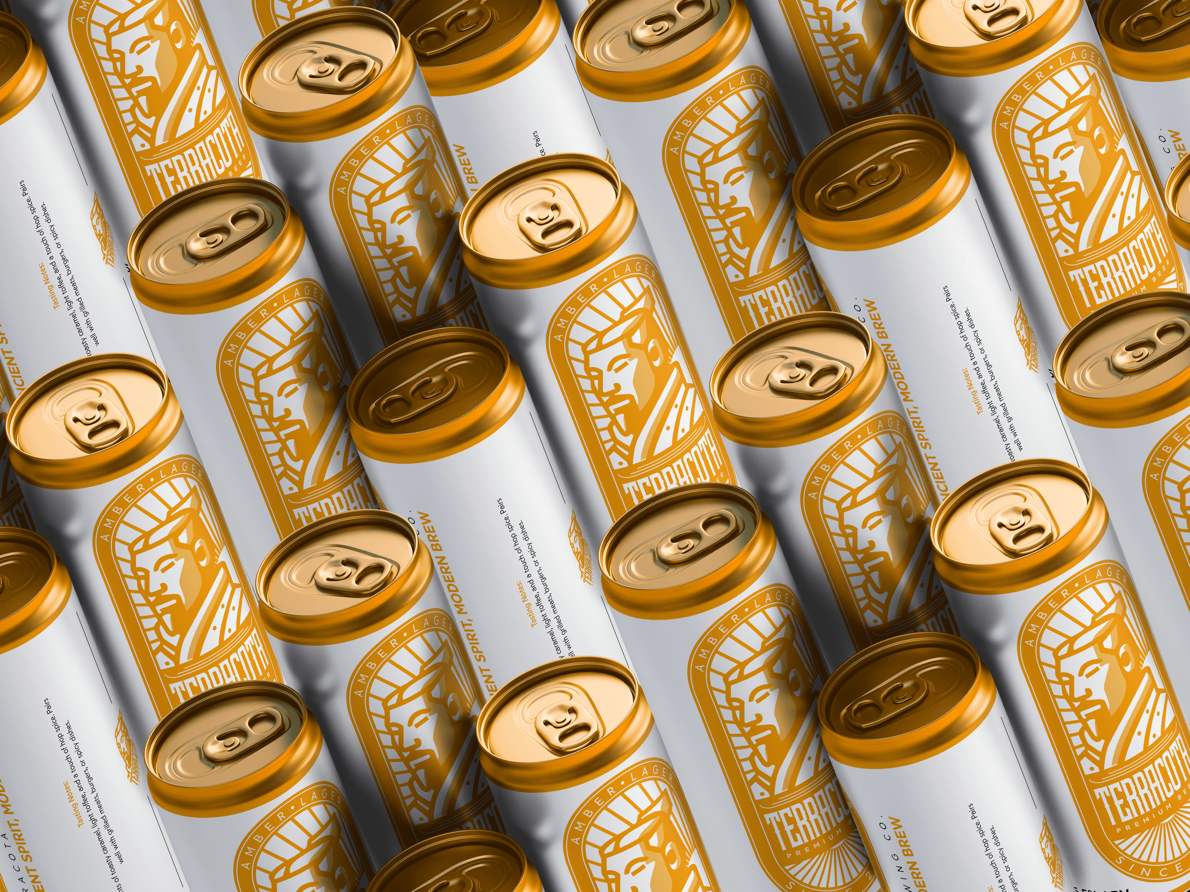 Repeating amber lager cans with matching label design arranged diagonally, suggesting consistent branding.