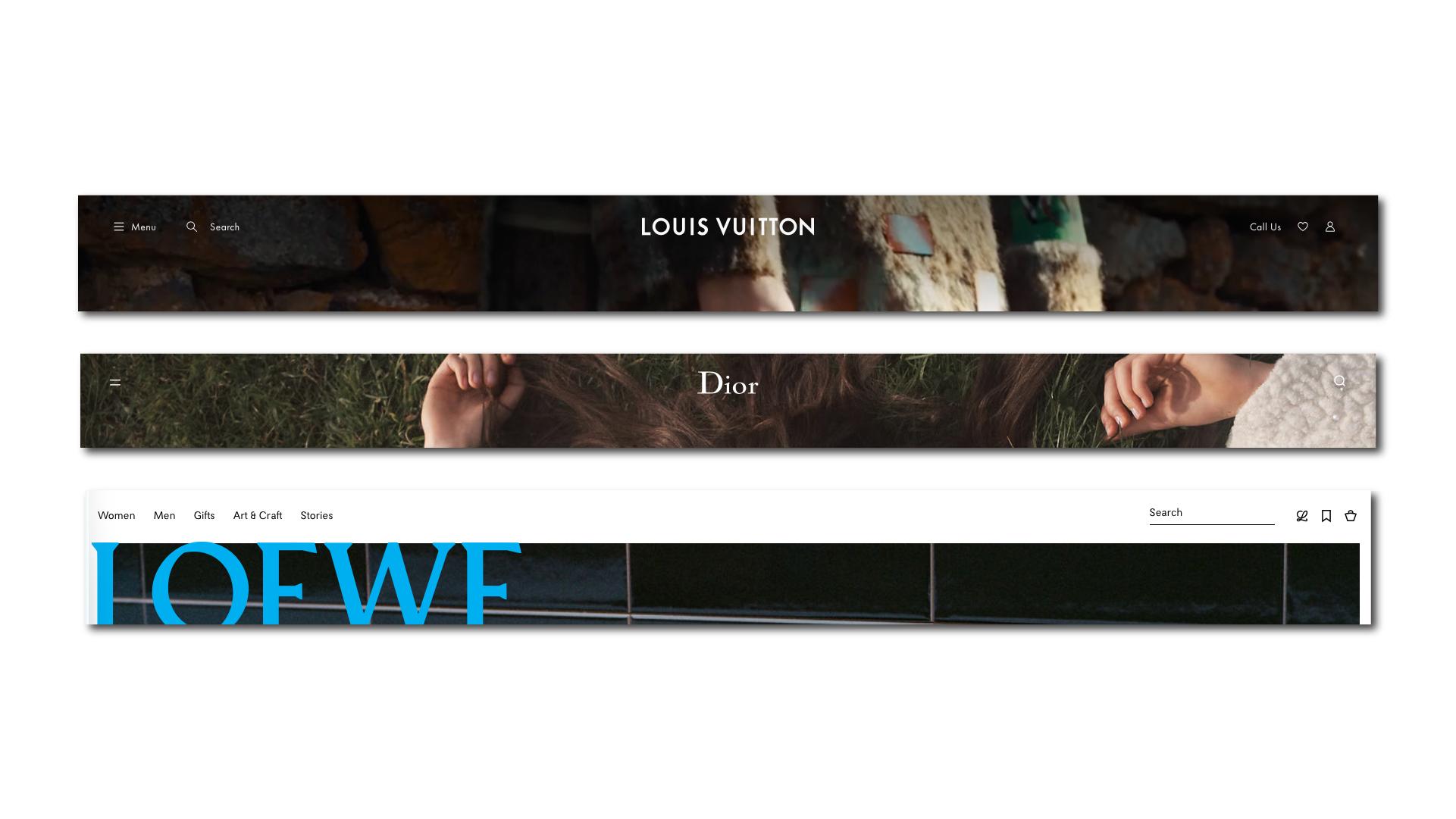 LV, Dior and Loewe's web navbars
