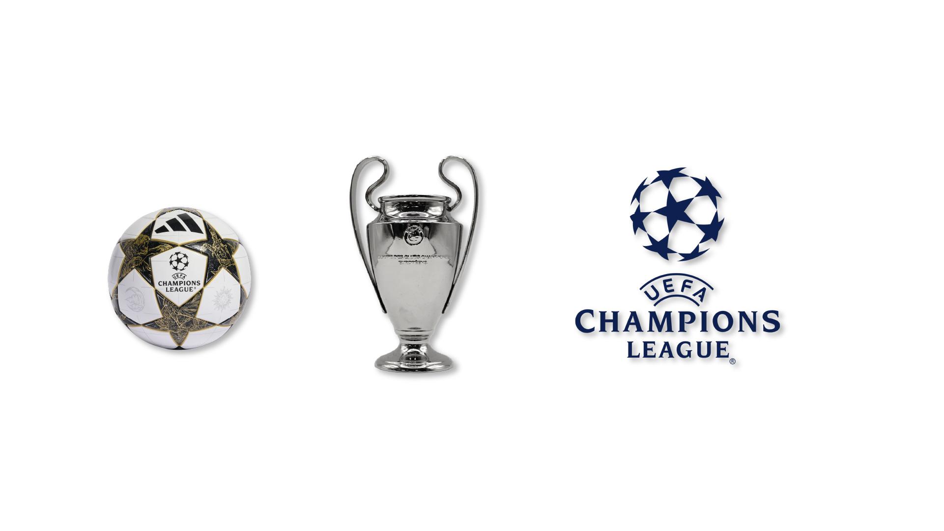 champions league cup, ball and logo