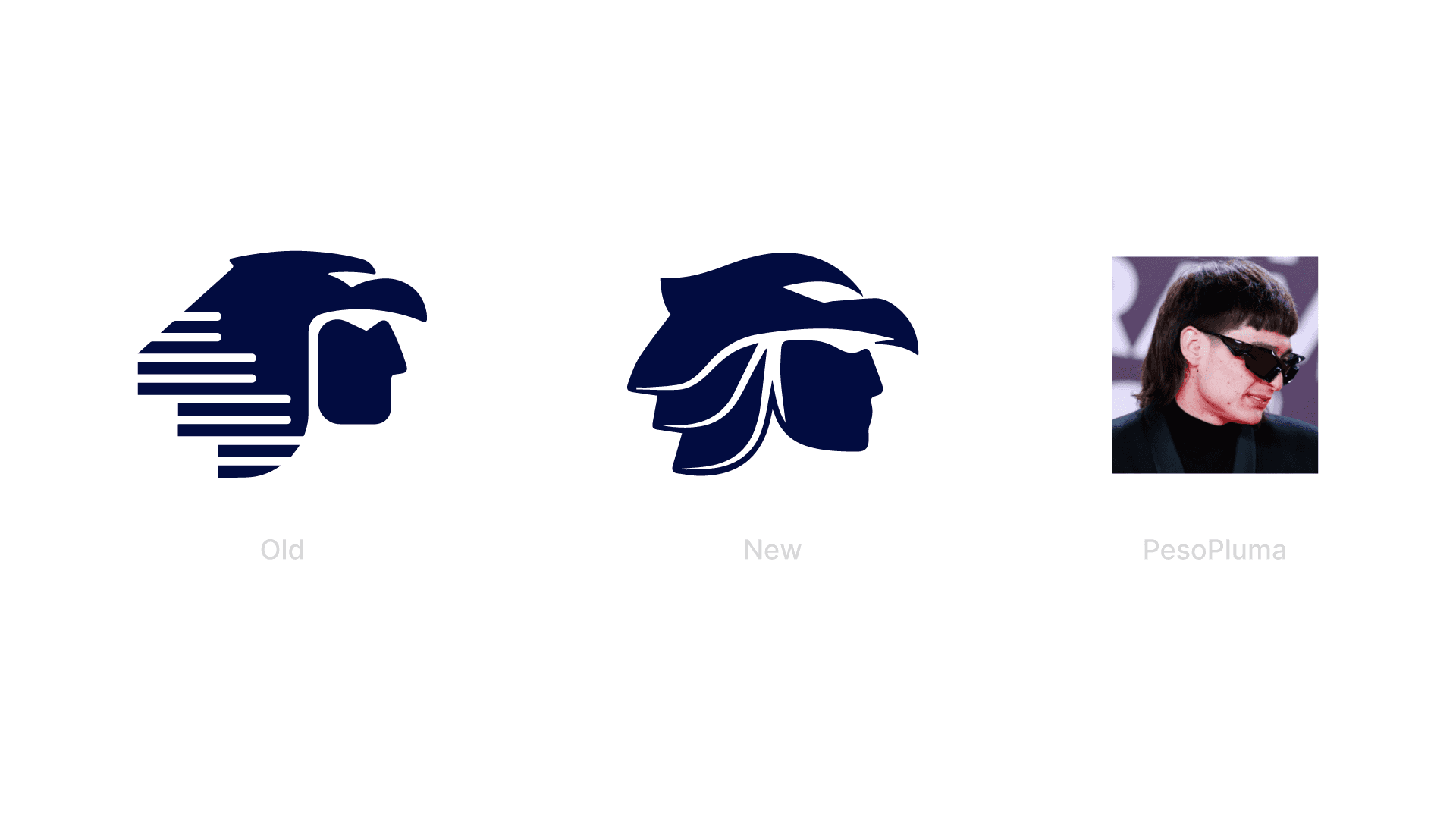 Comparison of Aeromexico’s old Eagle Knight logo, new 2024 logo and a hairstyle reference used to criticise the redesign