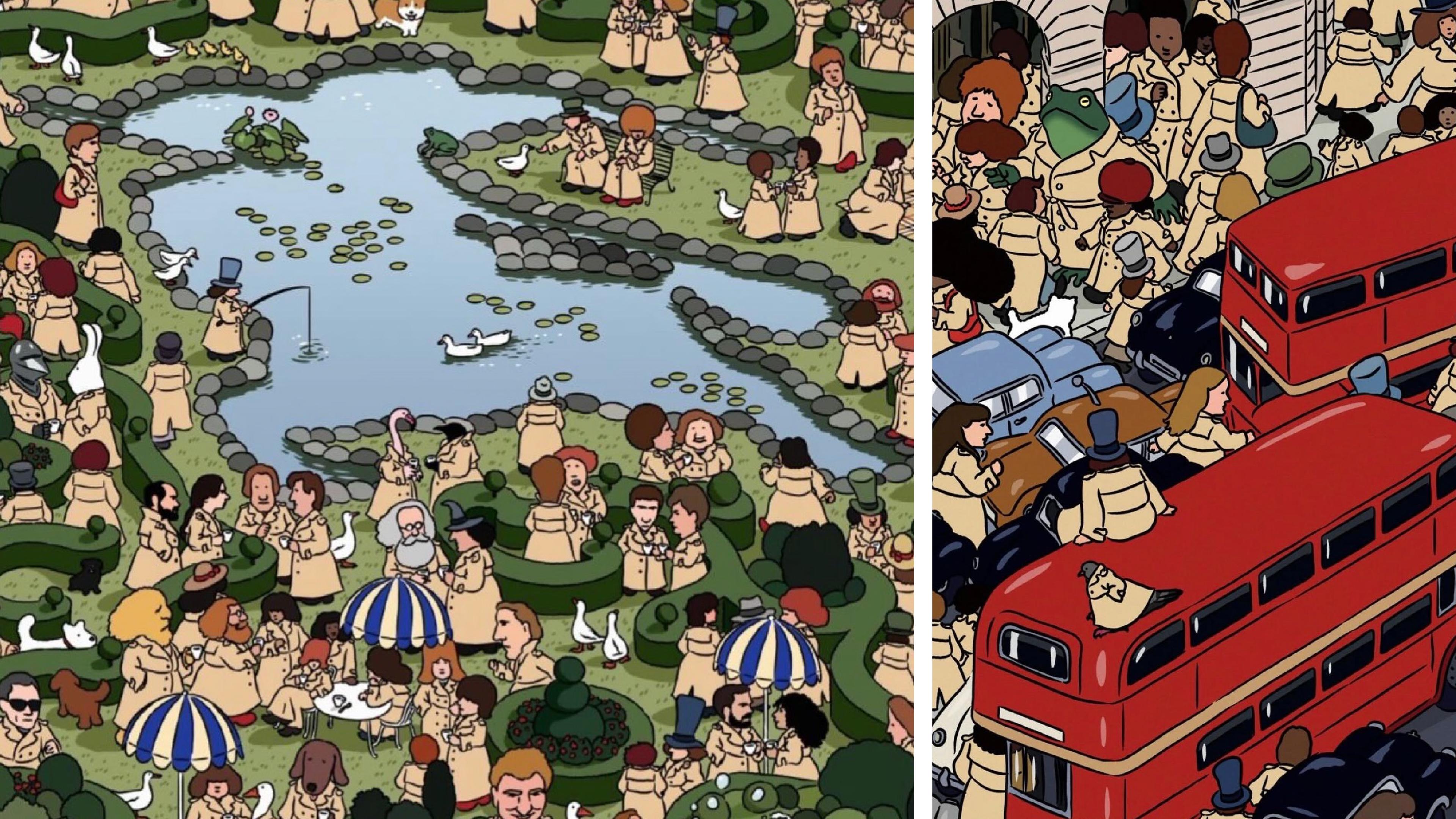 Burberry illustrated animation of Piccadilly Circus crowd with cartoon characters all wearing trench coats